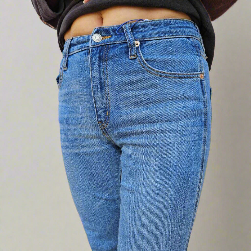 Popsugar Medium Wash Blue Denim Jeans Raw Hem High Rise Cropped Boot Cut Jeans-6