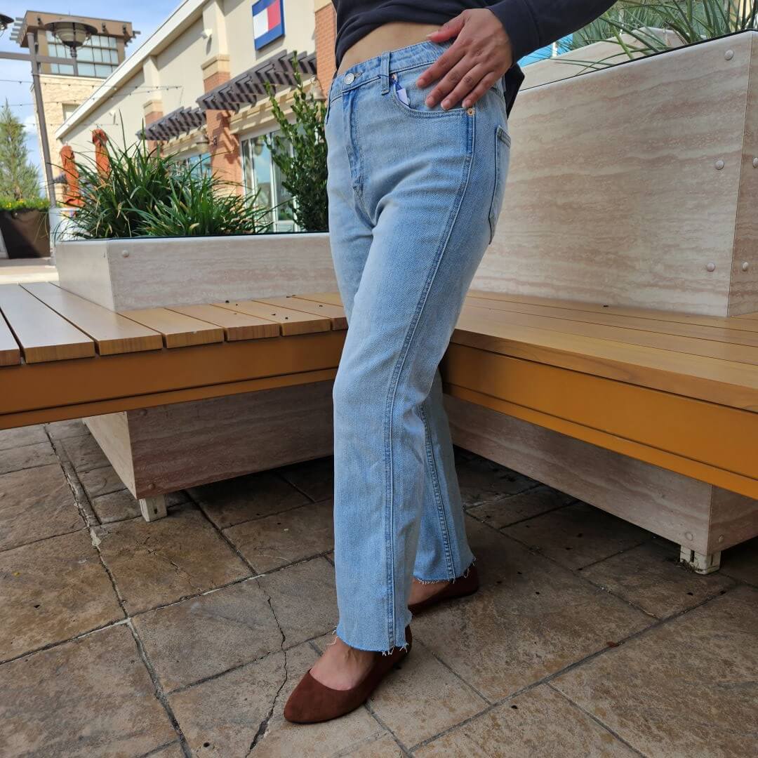 Popsugar Light Wash Blue Denim Jeans Raw Hem High Rise Cropped Boot Cut Jeans-1