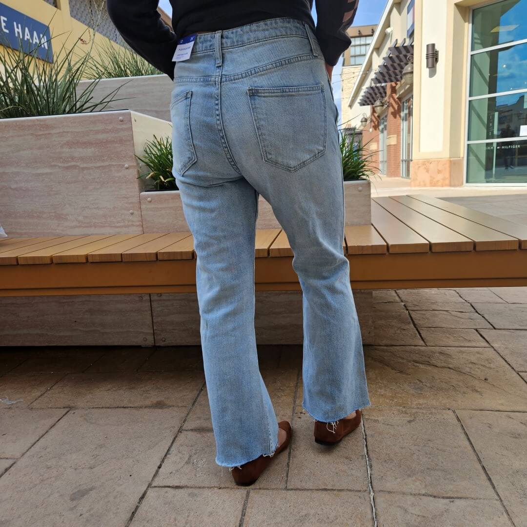 Popsugar Light Wash Blue Denim Jeans Raw Hem High Rise Cropped Boot Cut Jeans-5