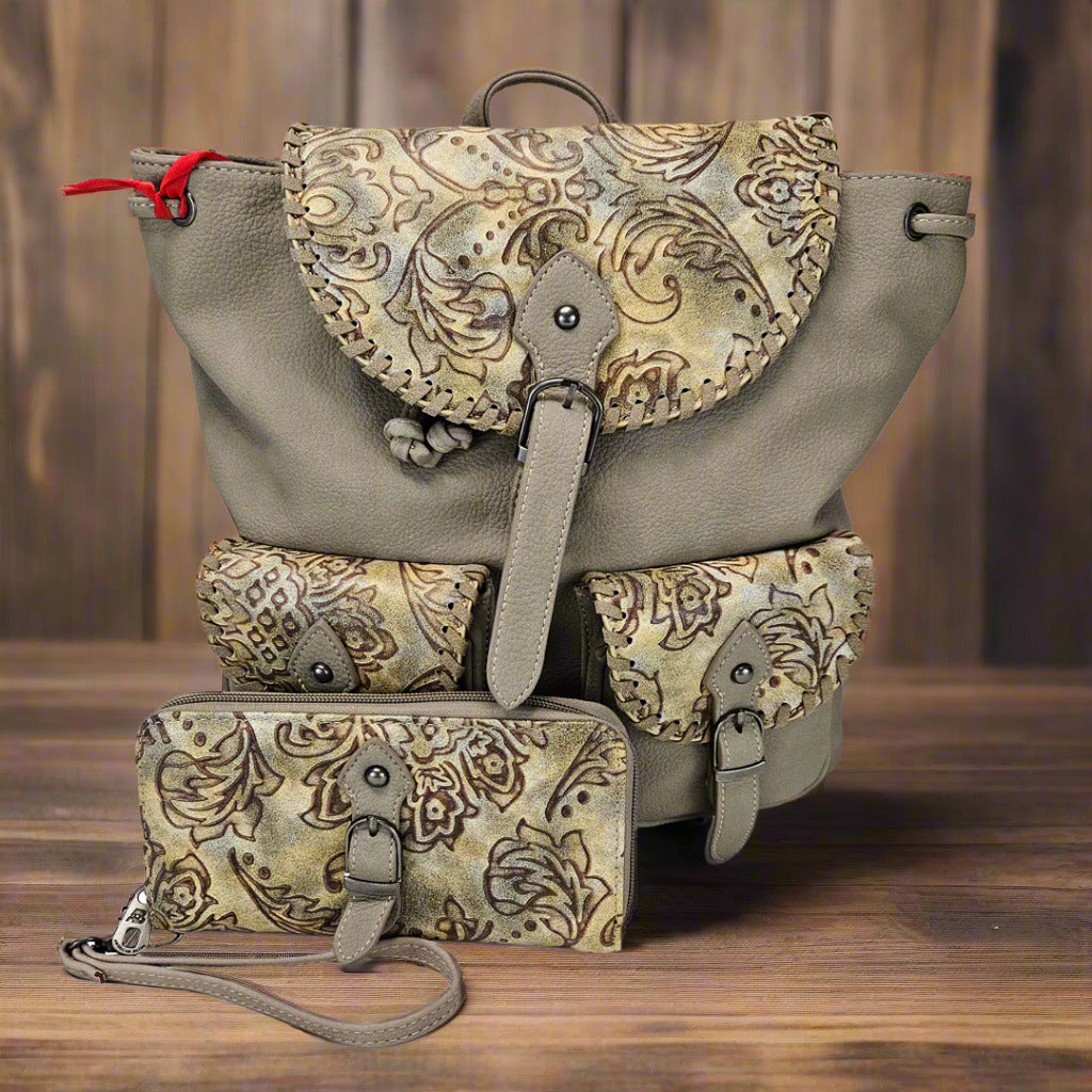 American Bling Concealed Carry Embroidery Floral Backpack & Wallet Khaki AB-7612WKH-8