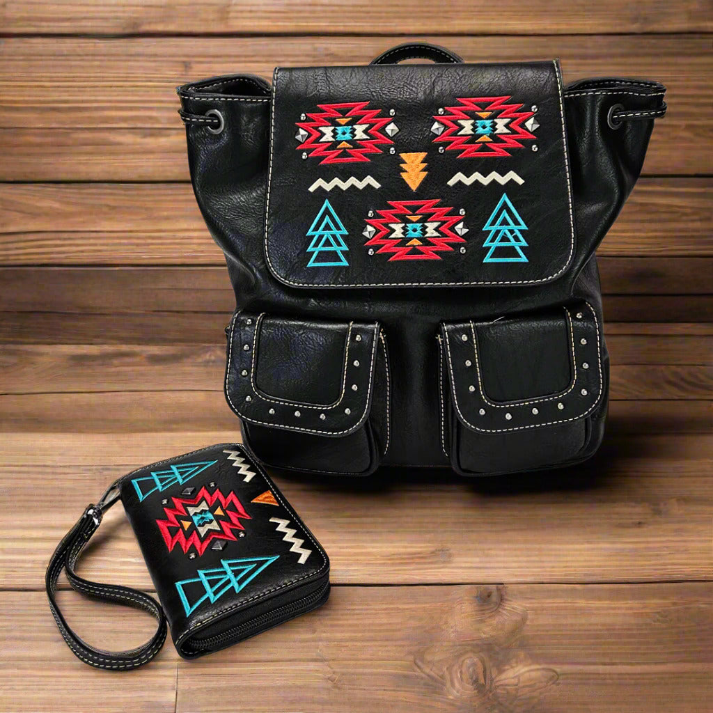 American Bling Concealed Carry Embroidery Floral Backpack & Wallet Black AB-7811WBK-1