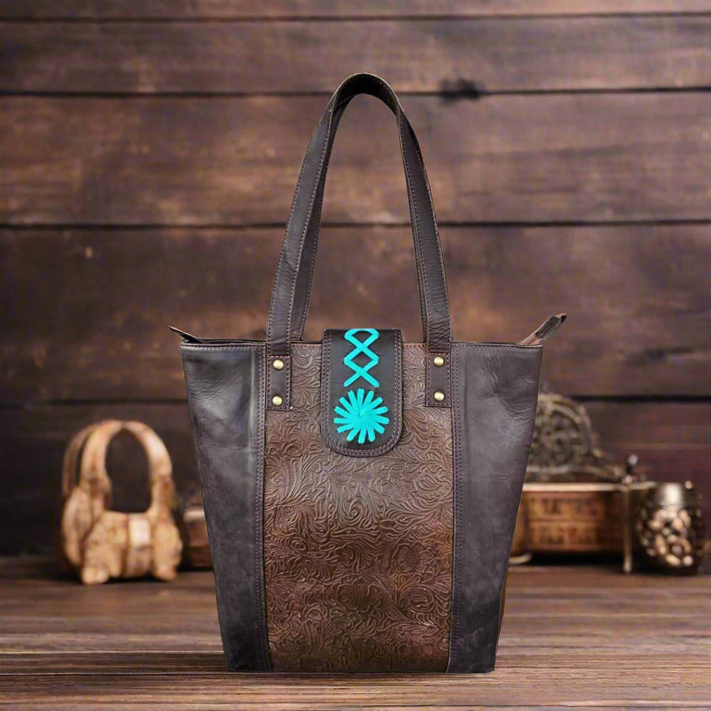 GAC STOP Full Grain Leather Purse Floral Tooling Western Cowgirl Handbag Coffee GS-S002-CF