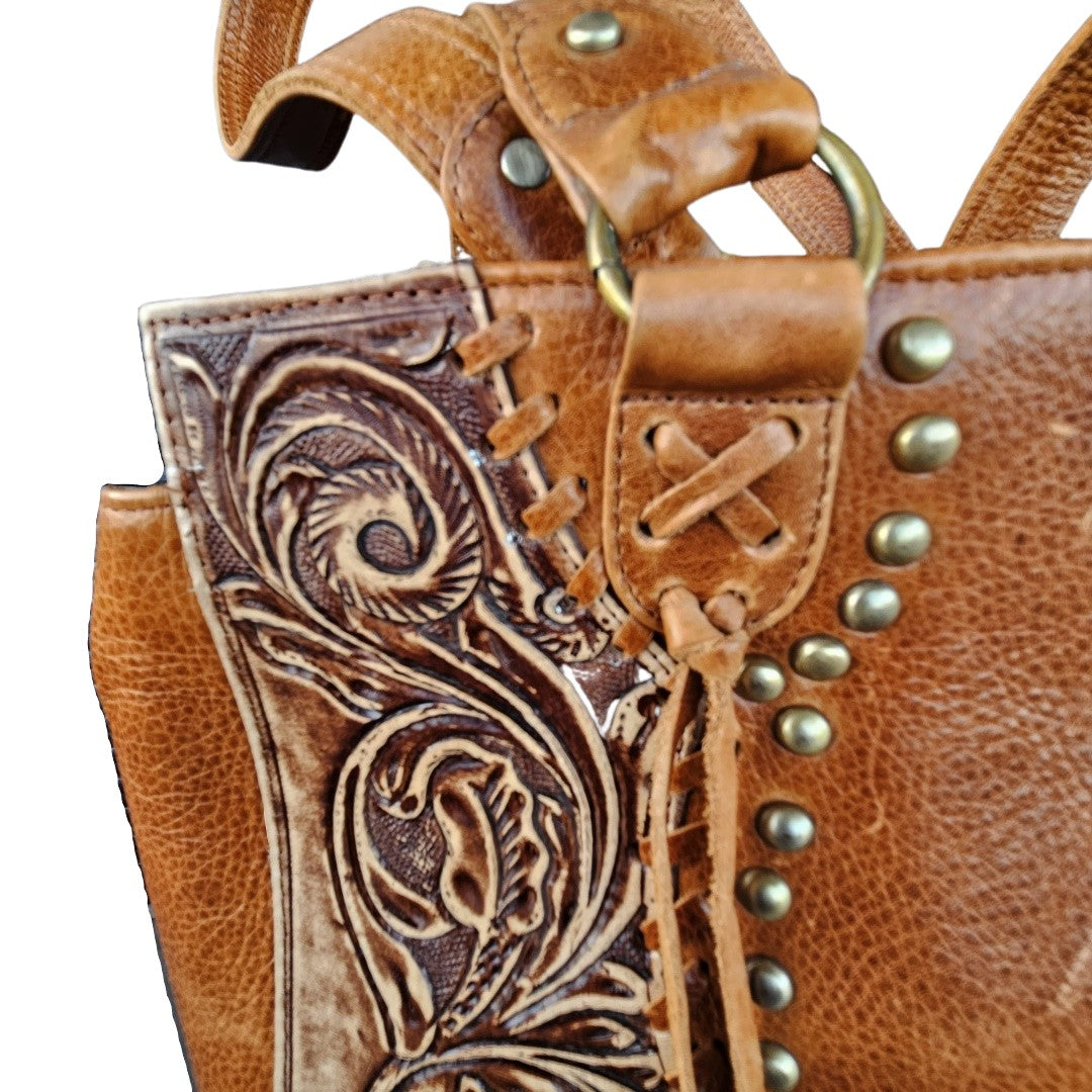 Lacing and Floral Tooling Purse Saddle Country Western Handbag Brown GS-S004BR-1