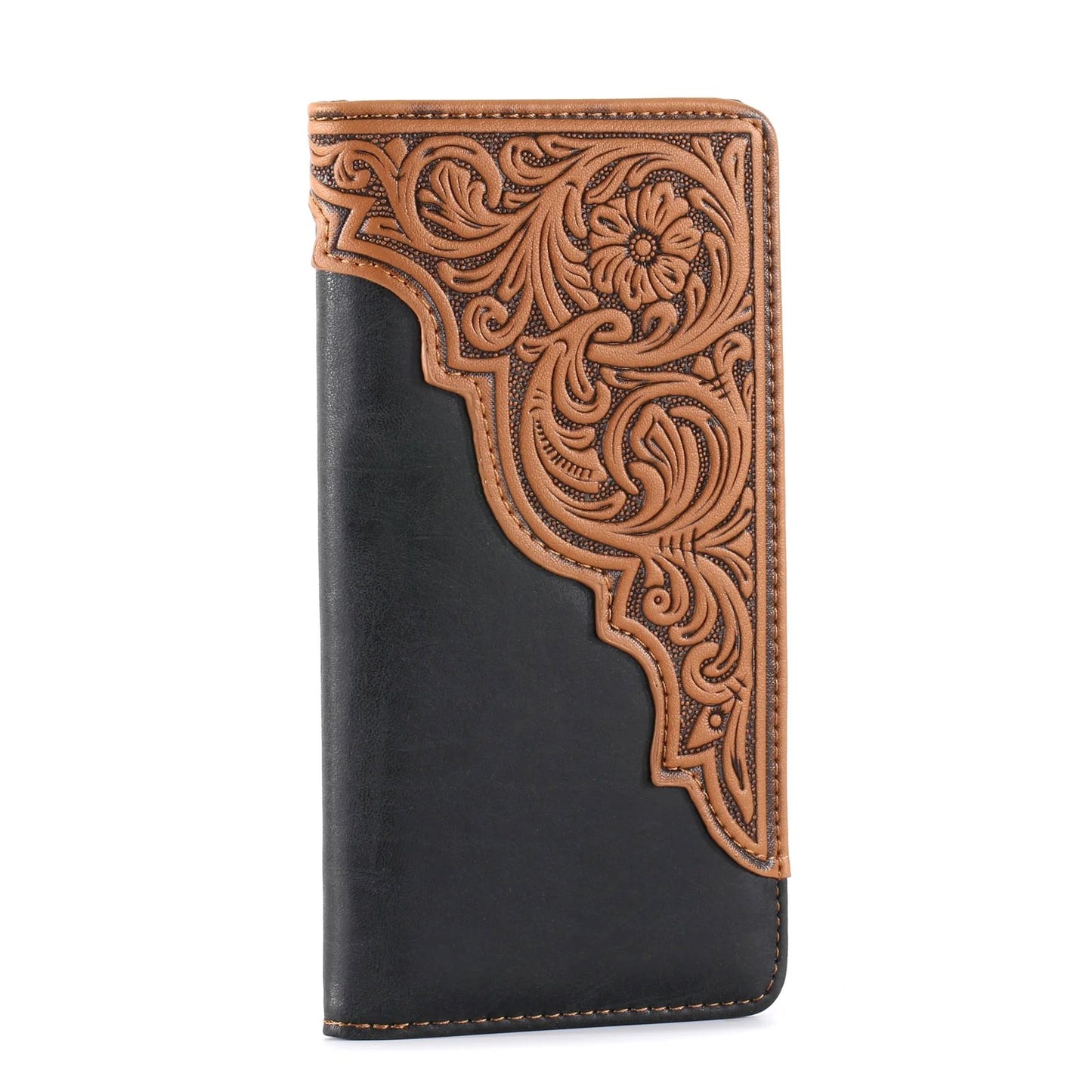 Embossed Floral Men's Bifold Long Faux Leather Wallet Black MW-612BK-1