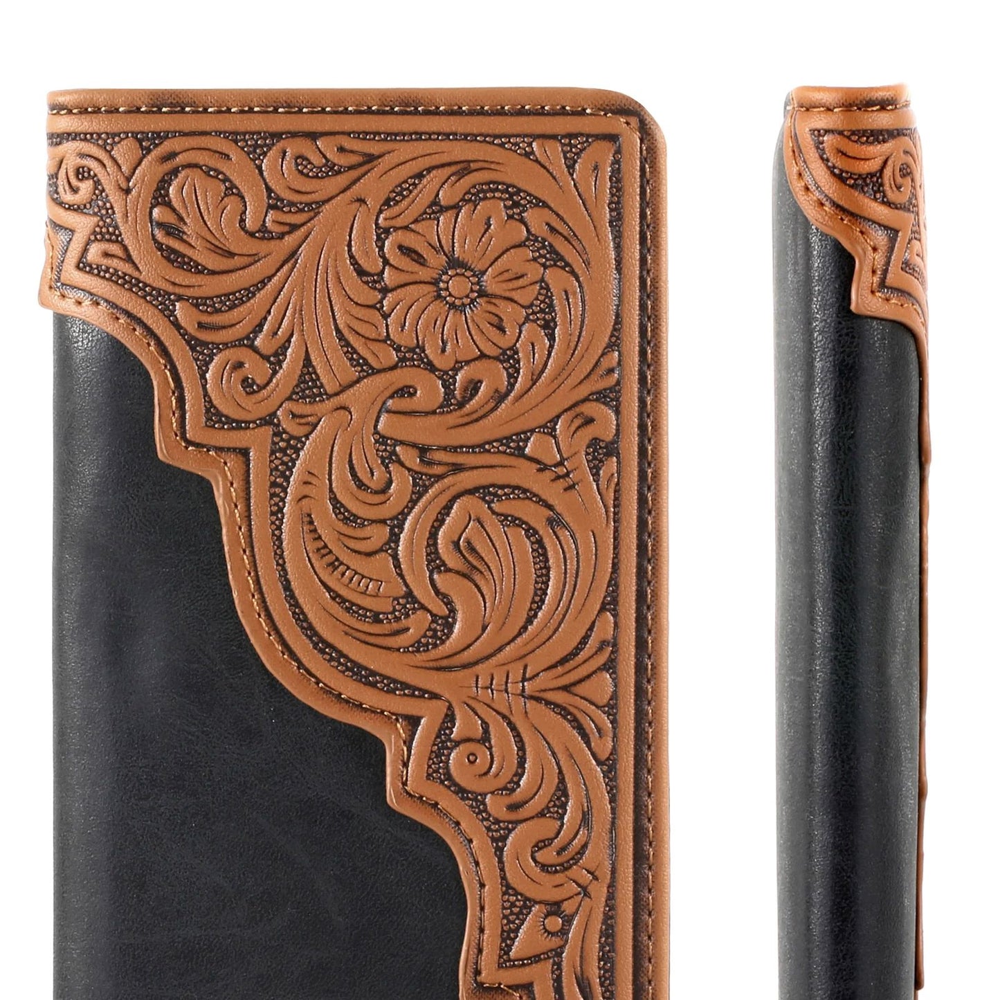 Embossed Floral Men's Bifold Long Faux Leather Wallet Black MW-612BK-3