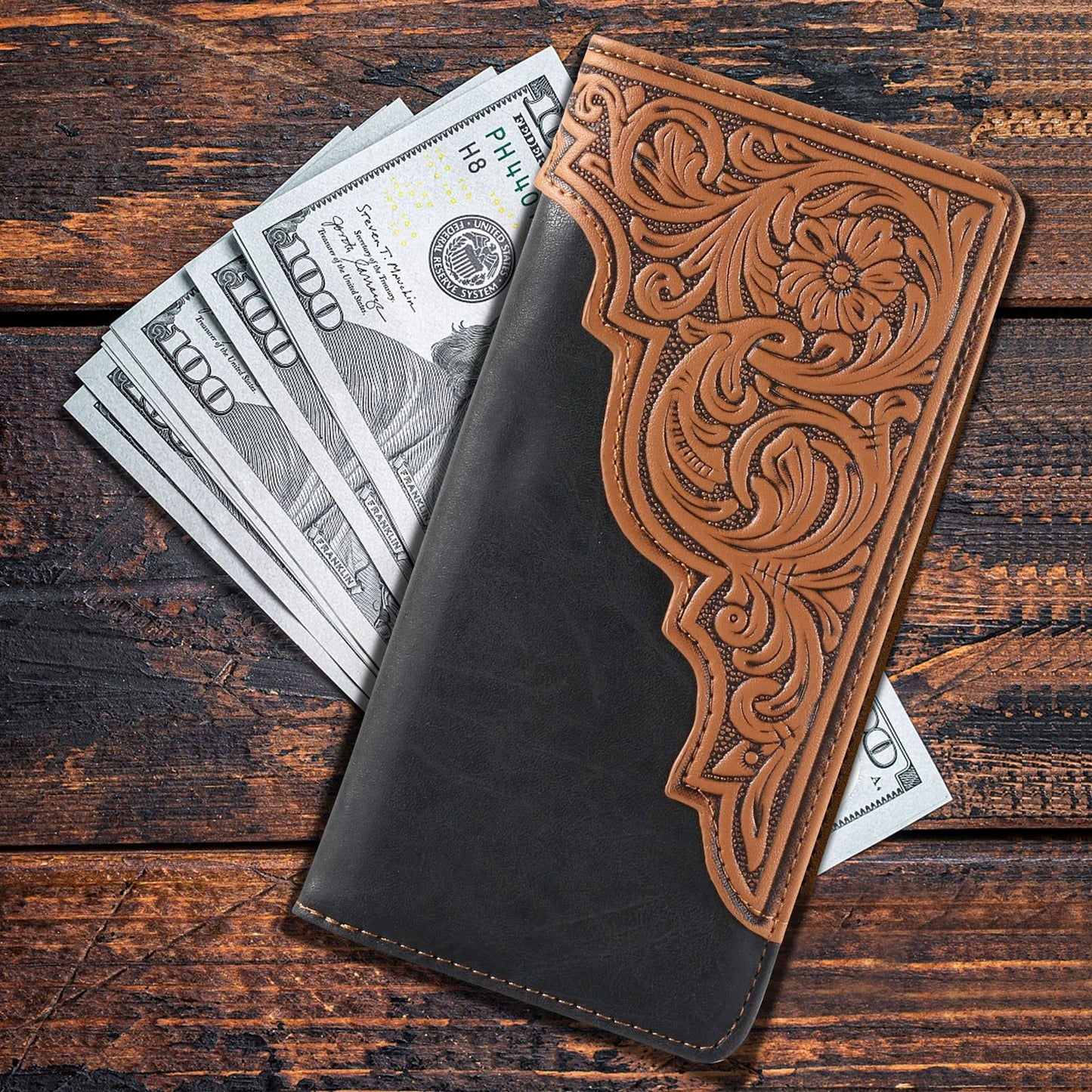 Embossed Floral Men's Bifold Long Faux Leather Wallet Black MW-612BK