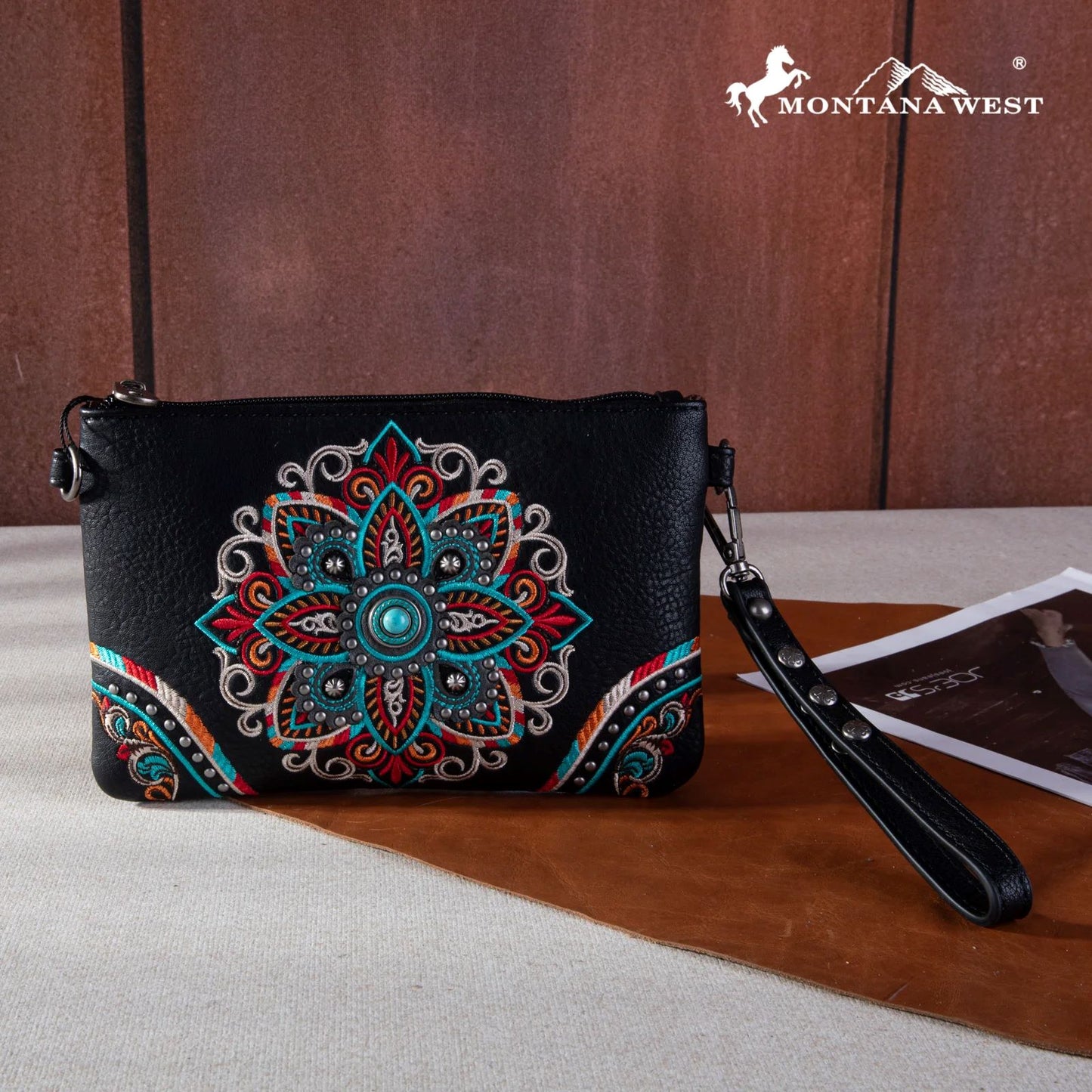Montana West Embroidered Tribal Mandala Clutch Crossbody Black