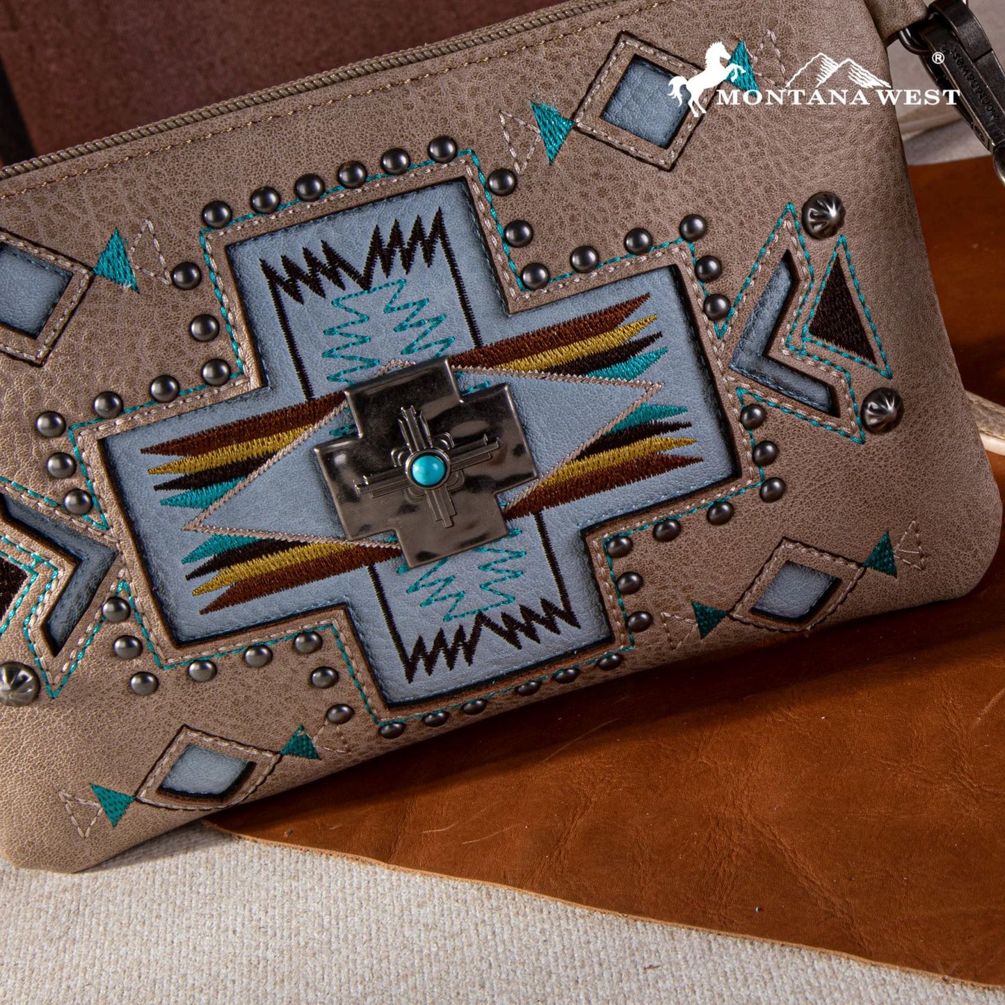 Montana West Concho Collection Crossbody/Wristlet Khaki MW1261-181KH-3