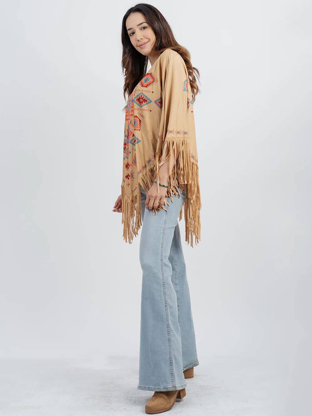 American Bling Aztec Shawl Cape Wraps For Women Fringe Poncho Tan PCH-1675TAN-2