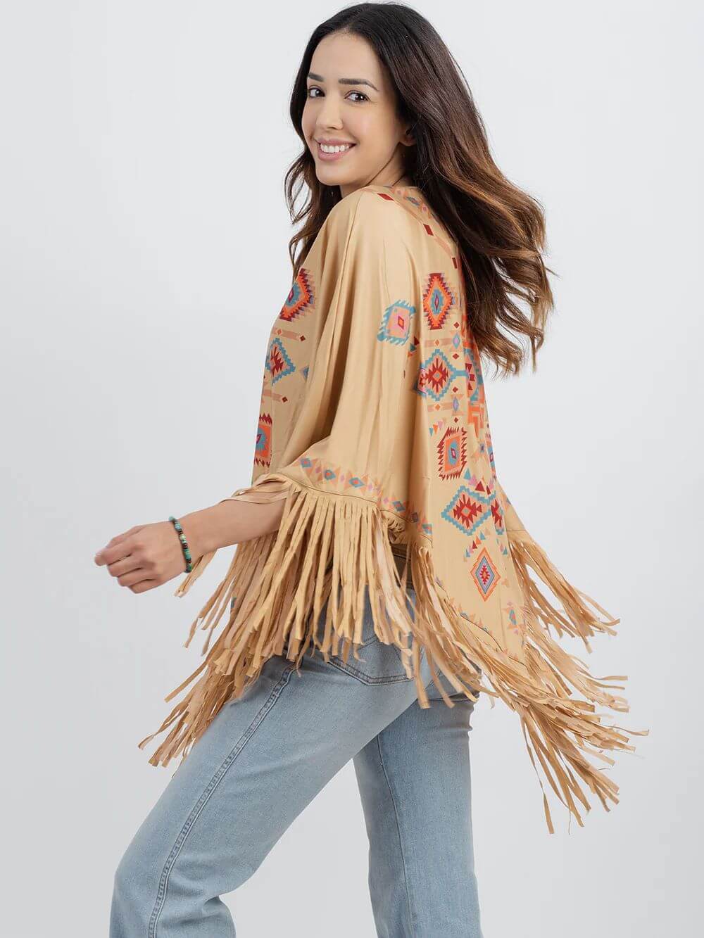 American Bling Aztec Shawl Cape Wraps For Women Fringe Poncho Tan PCH-1675TAN-3