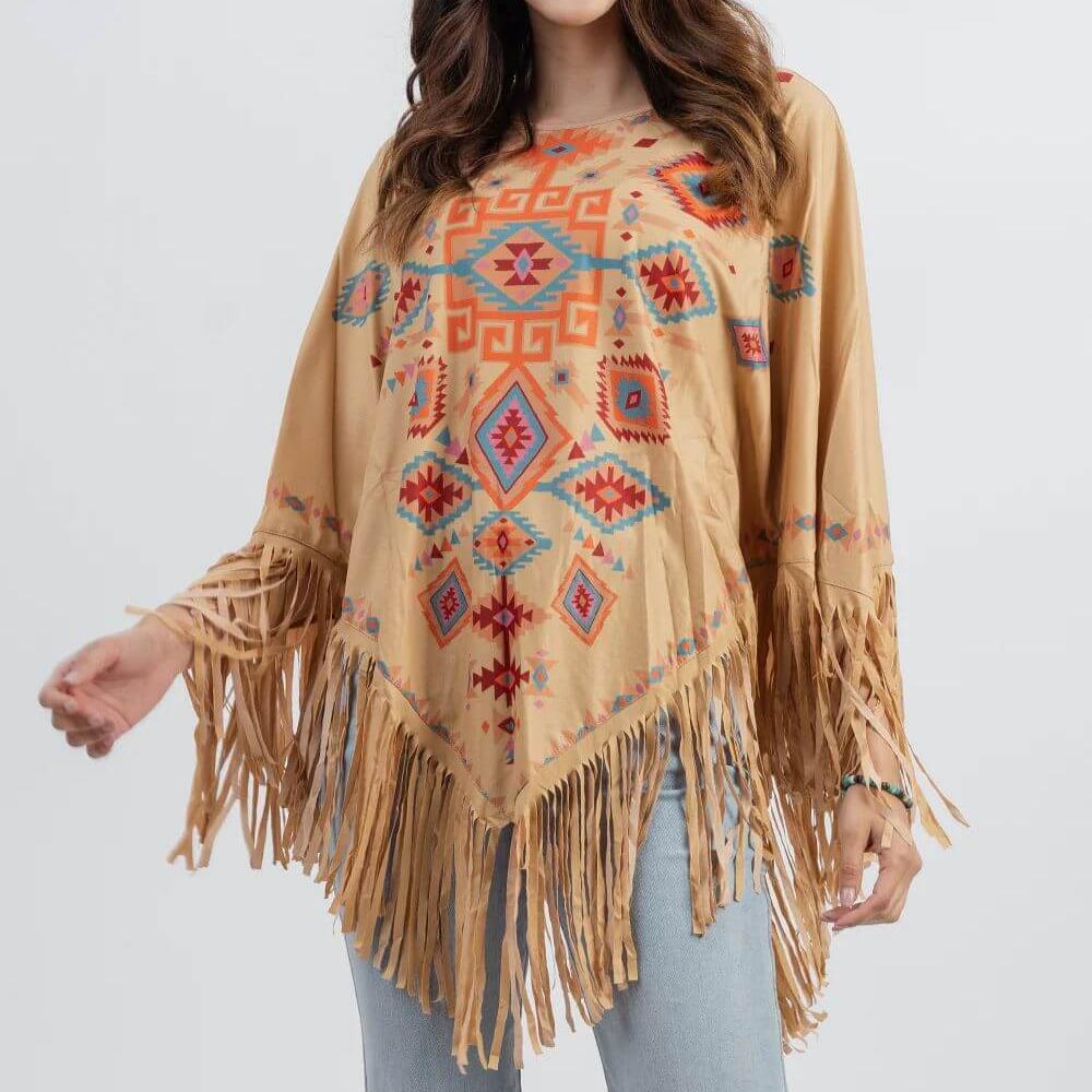 American Bling Aztec Shawl Cape Wraps For Women Fringe Poncho Tan PCH-1675TAN