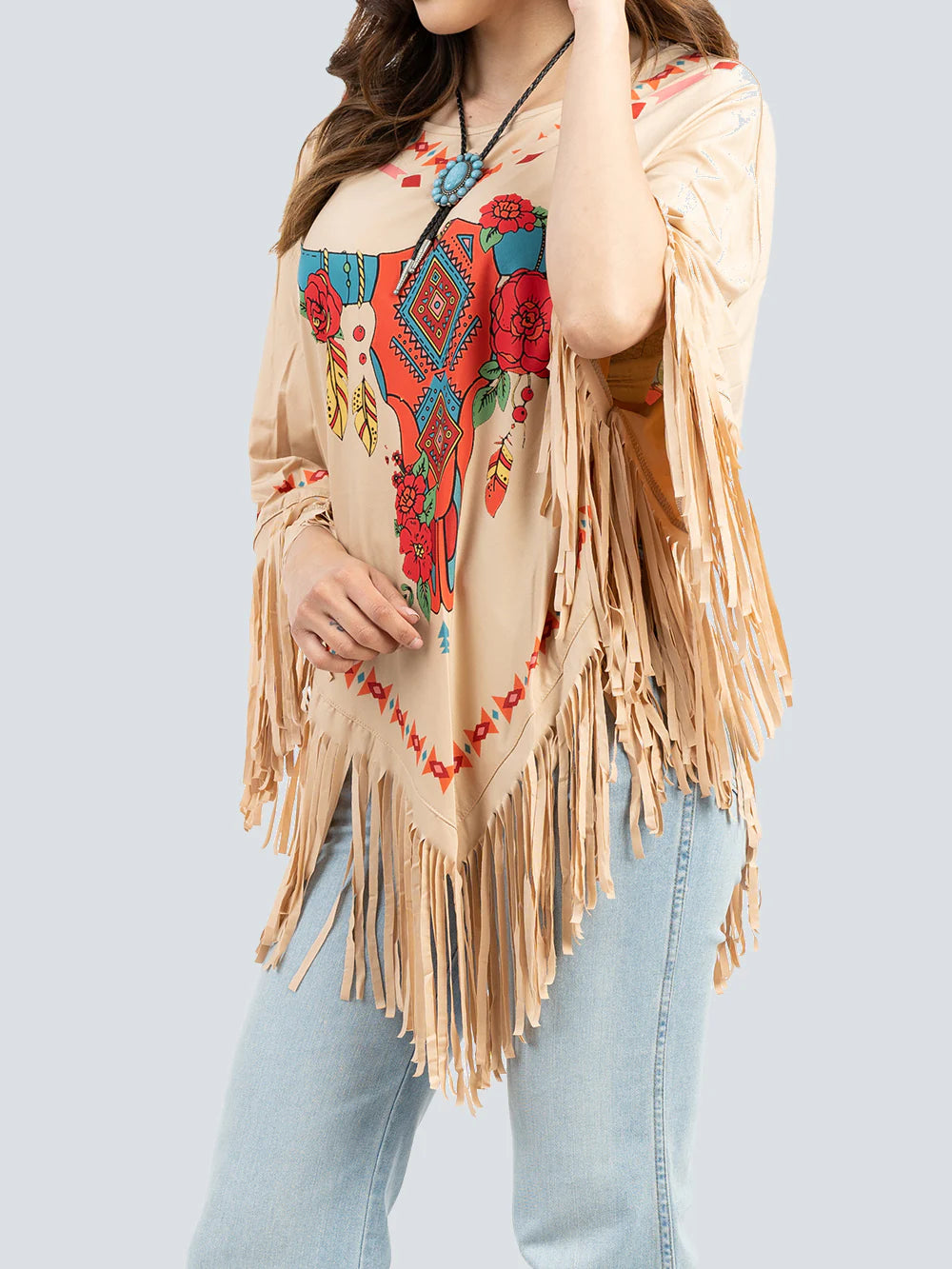 American Bling Floral Steer Skull Shawl Cape Wraps For Women Fringe Poncho PCH-1680TAN-1