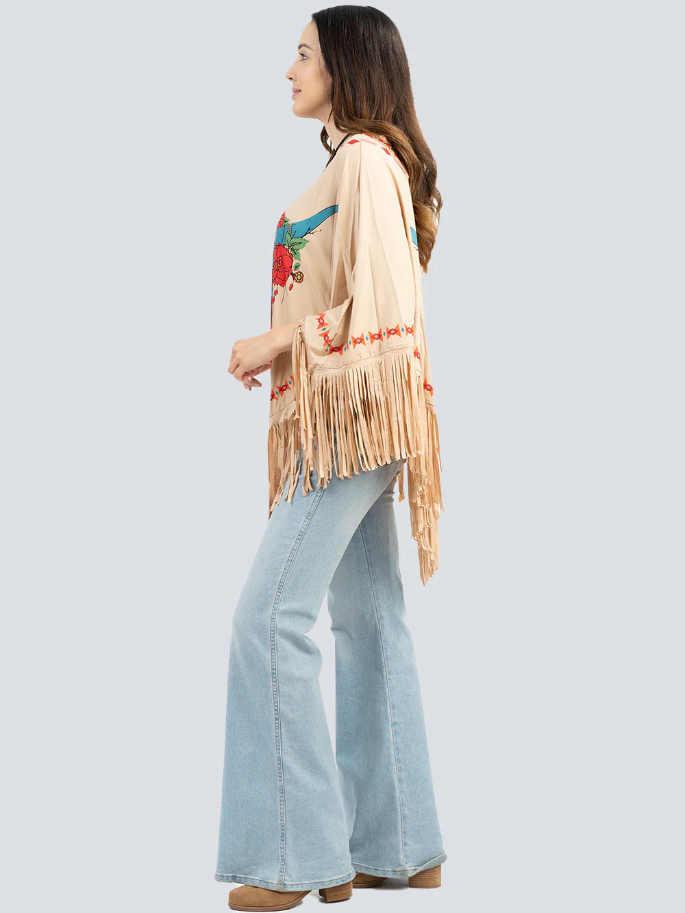 American Bling Floral Steer Skull Shawl Cape Wraps For Women Fringe Poncho PCH-1680TAN-2
