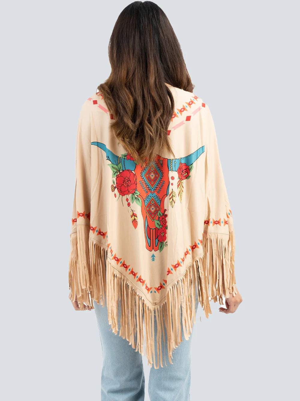 American Bling Floral Steer Skull Shawl Cape Wraps For Women Fringe Poncho PCH-1680TAN-3