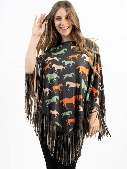 Montana West American Bling Horse All Over Print Fringe Poncho