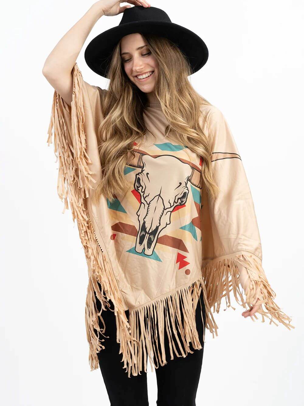 American Bling Aztec Steer Skull Print Shawl Cape Wraps Fringe Poncho Tan PCH-1715TAN-2