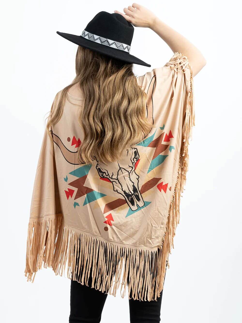 American Bling Aztec Steer Skull Print Shawl Cape Wraps Fringe Poncho Tan PCH-1715TAN-3