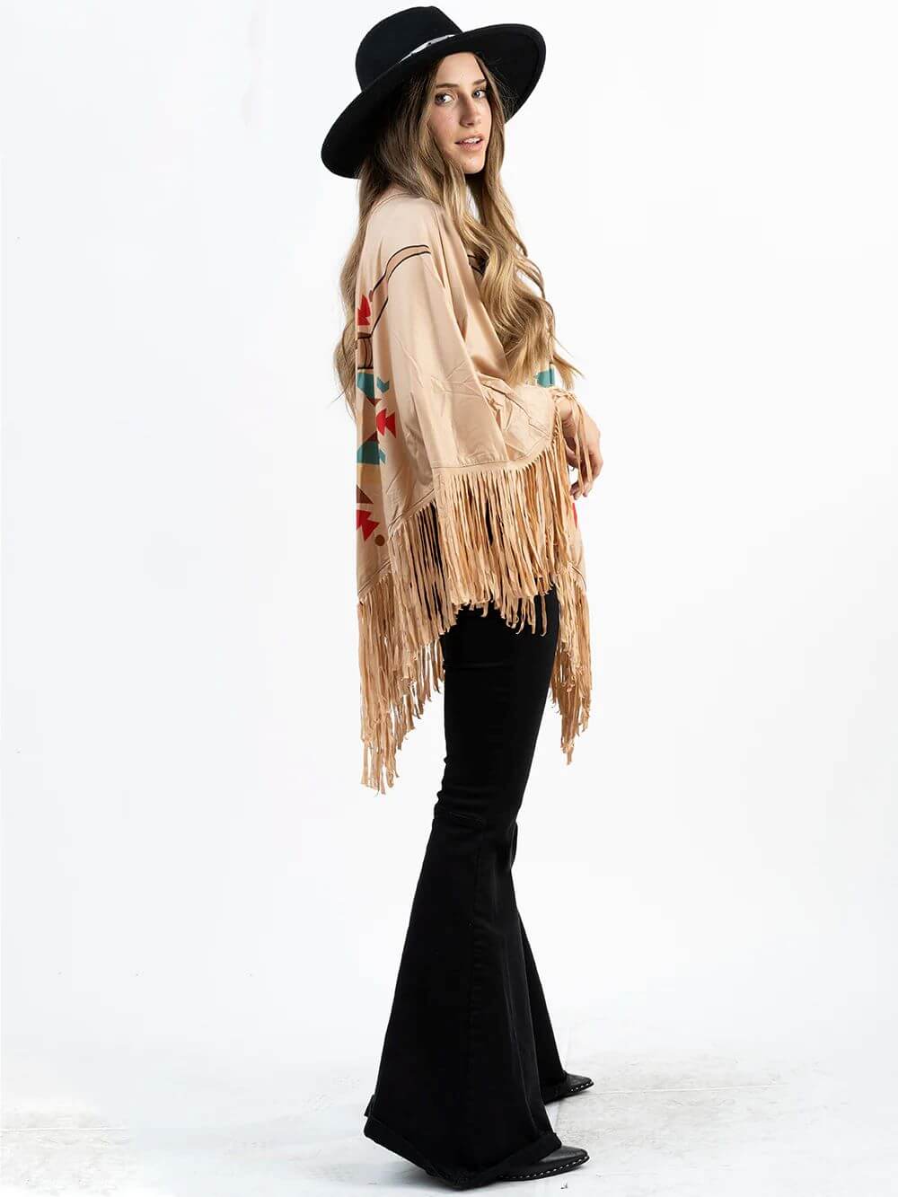 American Bling Aztec Steer Skull Print Shawl Cape Wraps Fringe Poncho Tan PCH-1715TAN-4