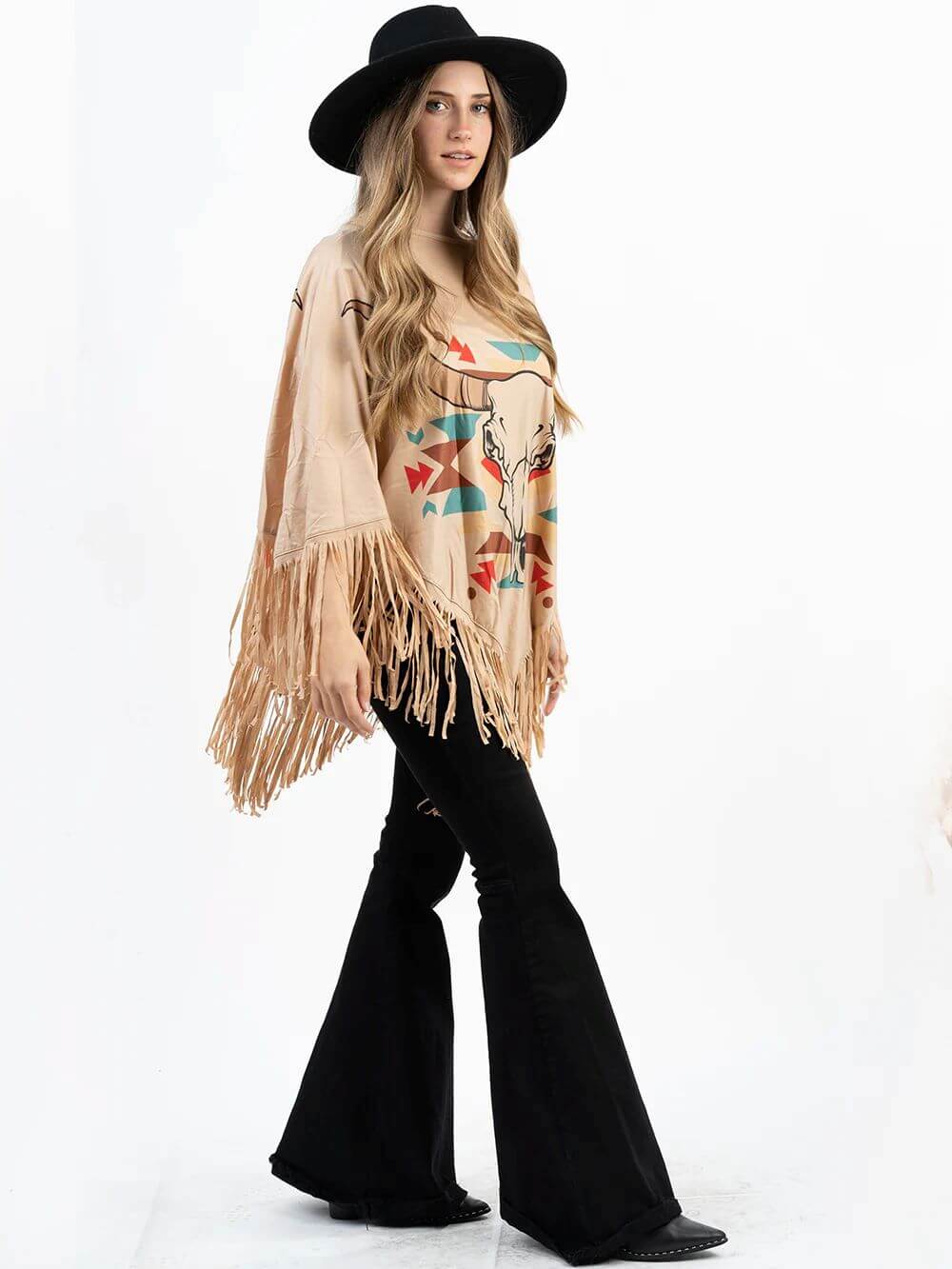 American Bling Aztec Steer Skull Print Shawl Cape Wraps Fringe Poncho Tan PCH-1715TAN-5