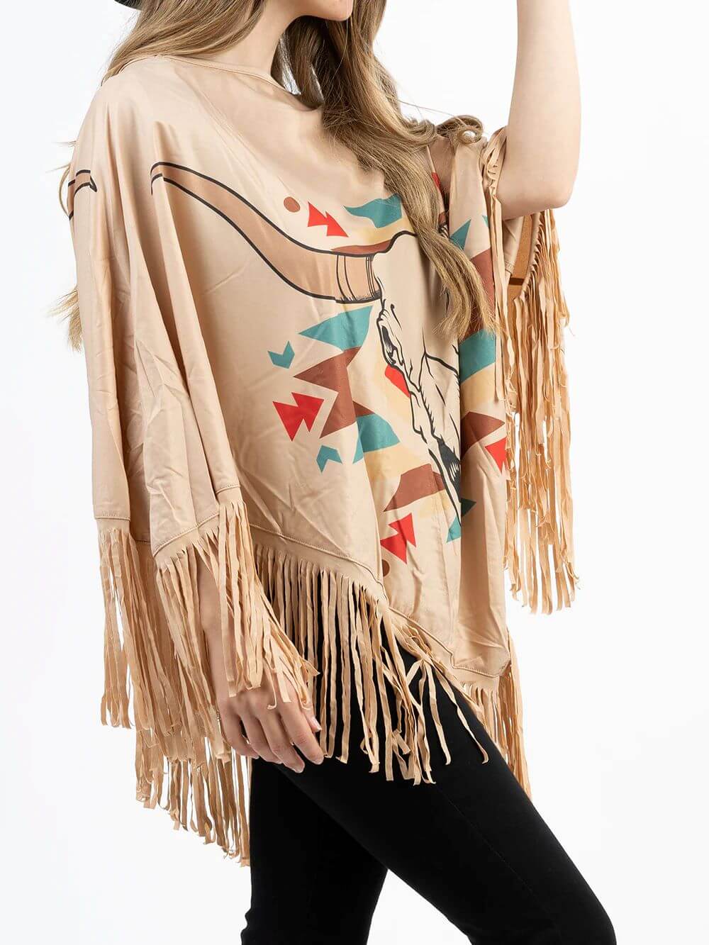 American Bling Aztec Steer Skull Print Shawl Cape Wraps Fringe Poncho Tan PCH-1715TAN-7