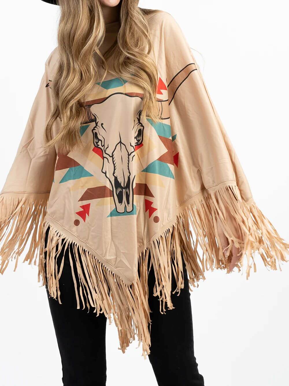 American Bling Aztec Steer Skull Print Shawl Cape Wraps Fringe Poncho Tan PCH-1715TAN-8