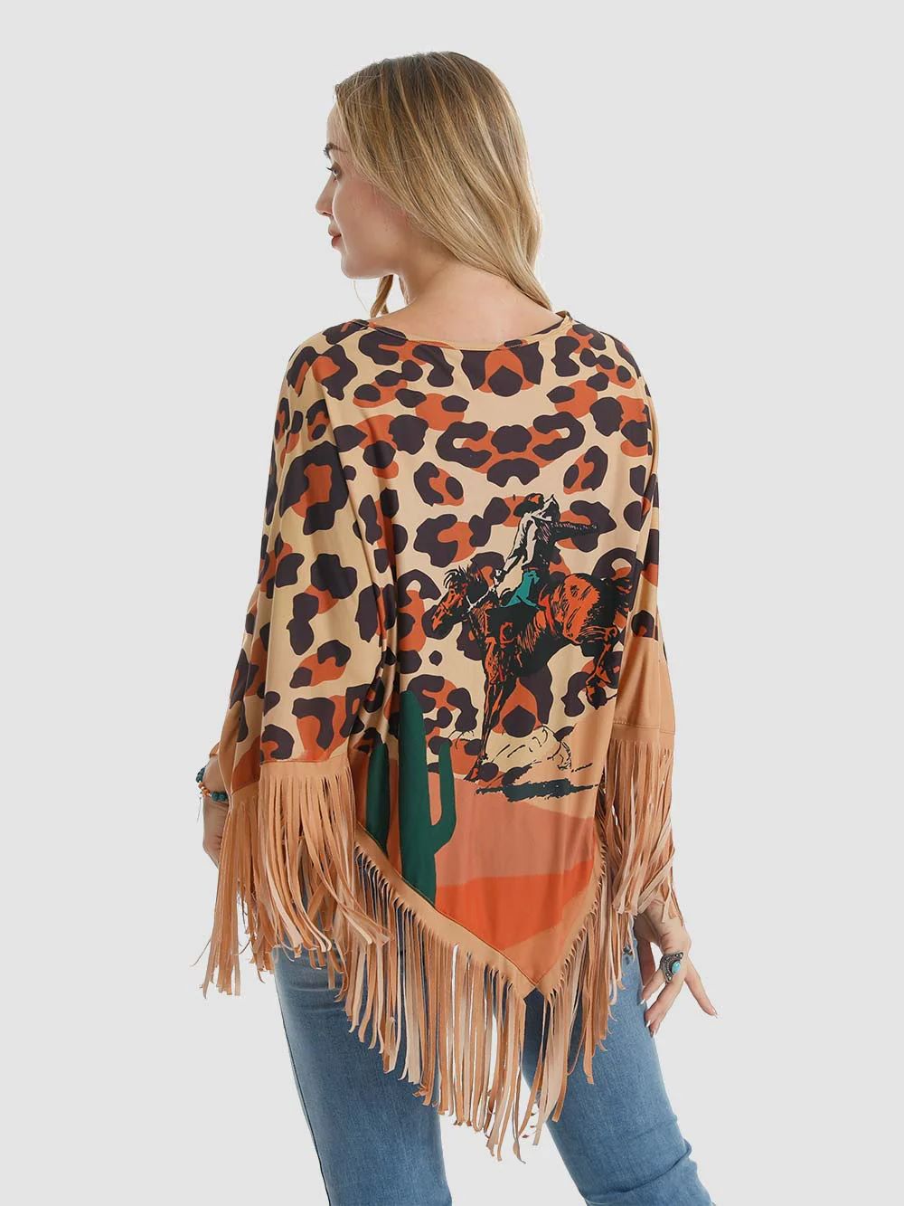 American Bling Leopard Rodeo Shawl Cape Wraps Women Fringe Poncho PCH-1718LP-1