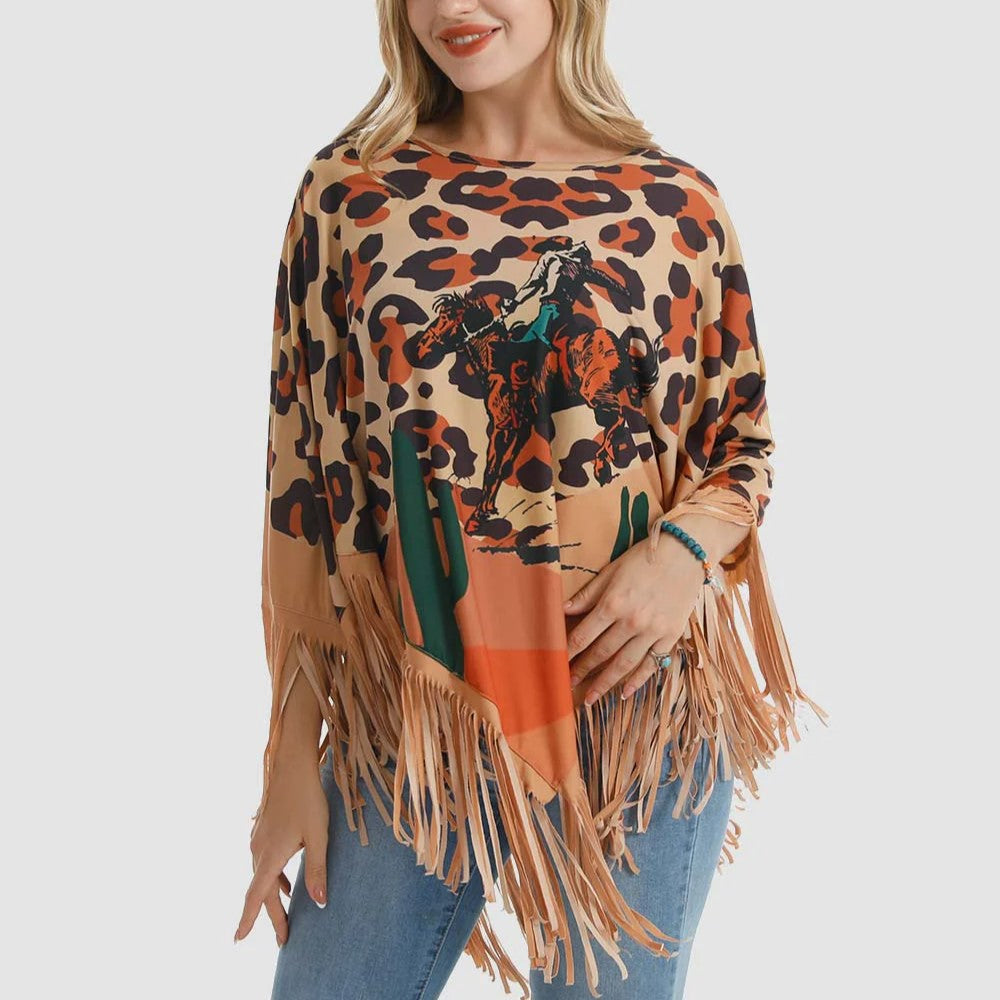 American Bling Leopard Rodeo Shawl Cape Wraps Women Fringe Poncho PCH-1718LP-2