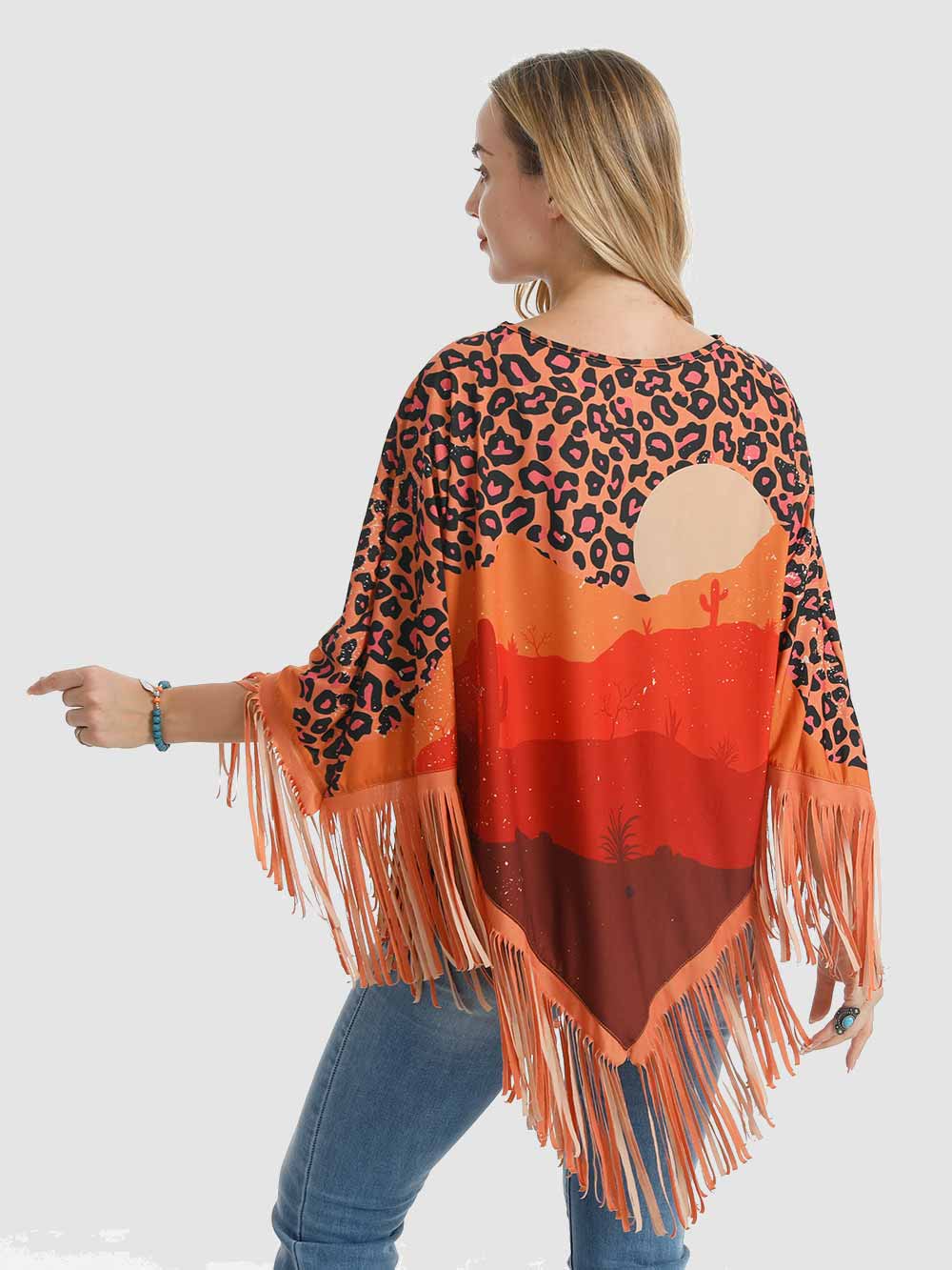 American Bling Leopard Desert Sunset Shawl Cape Wraps Fringe Tassel Poncho Orange PCH-1727OR-1