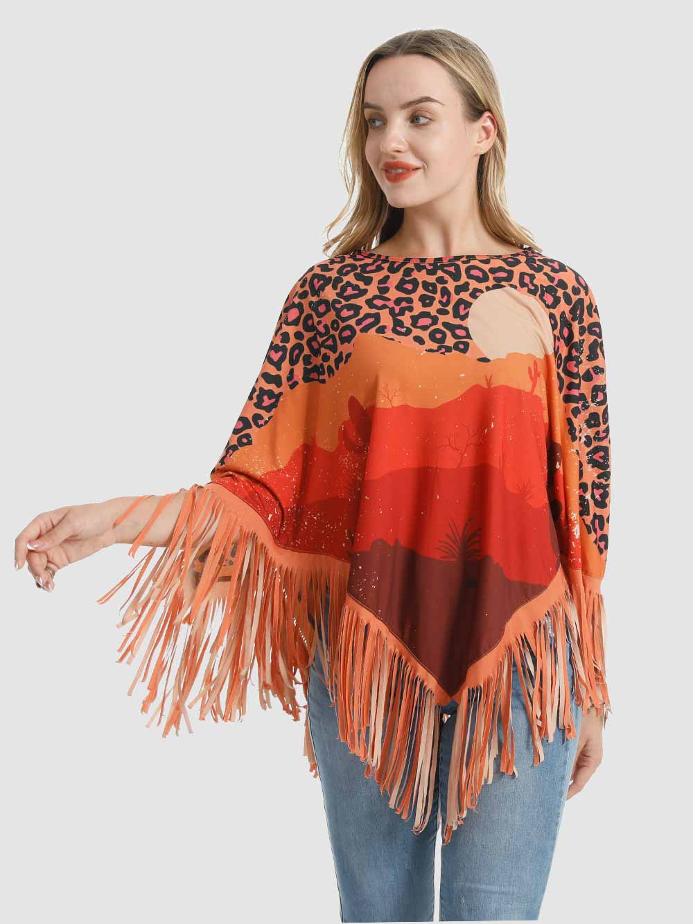 American Bling Leopard Desert Sunset Shawl Cape Wraps Fringe Tassel Poncho Orange PCH-1727OR-2