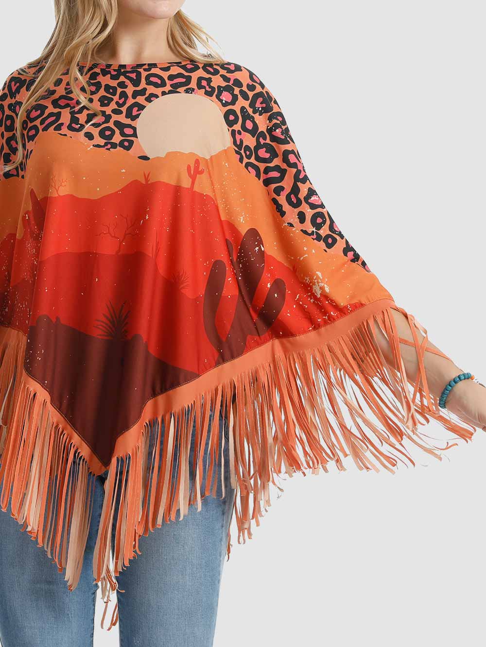 American Bling Leopard Desert Sunset Shawl Cape Wraps Fringe Tassel Poncho Orange PCH-1727OR-3