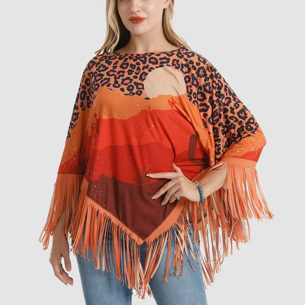 American Bling Leopard Desert Sunset Shawl Cape Wraps Fringe Tassel Poncho Orange PCH-1727OR