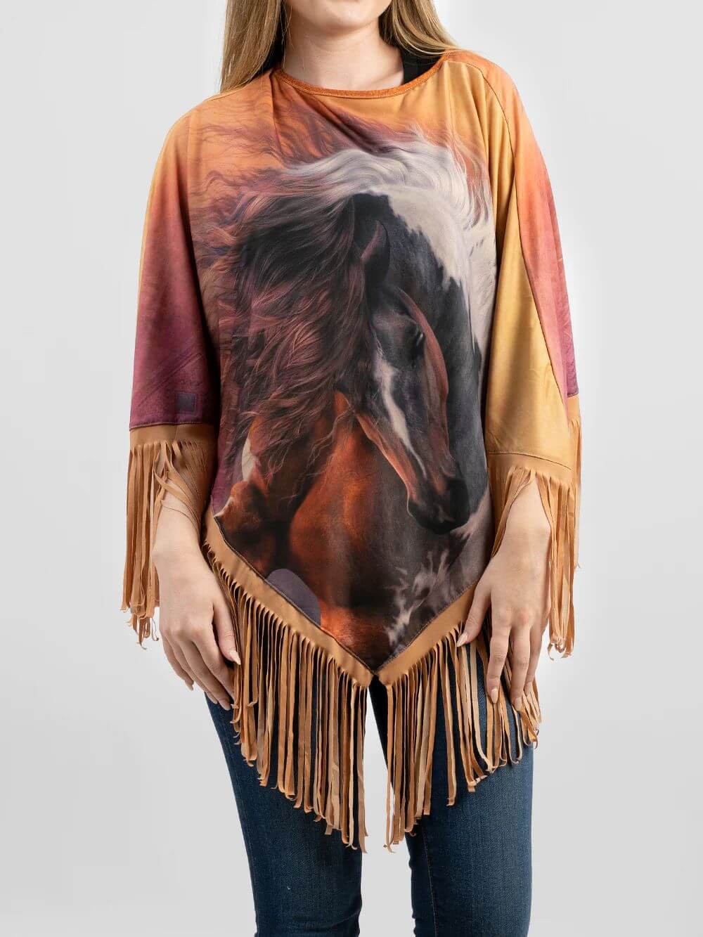 American Bling Horse Printed Shawl Cape Wraps Women Fringe Poncho Tan PCH-1728TN-1