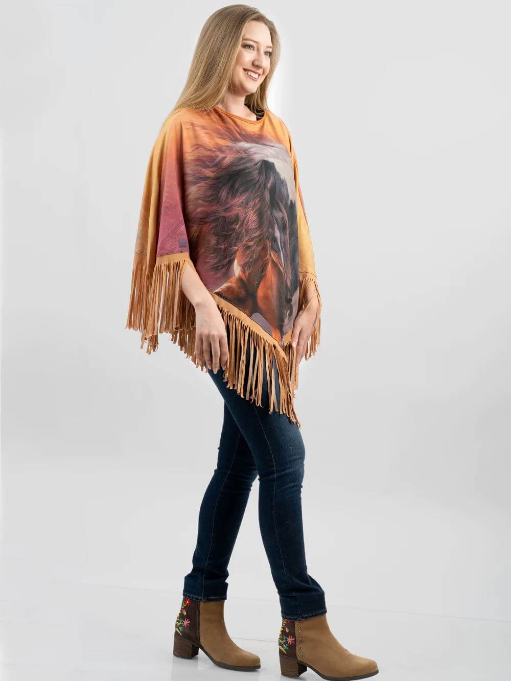 American Bling Horse Printed Shawl Cape Wraps Women Fringe Poncho Tan PCH-1728TN-2