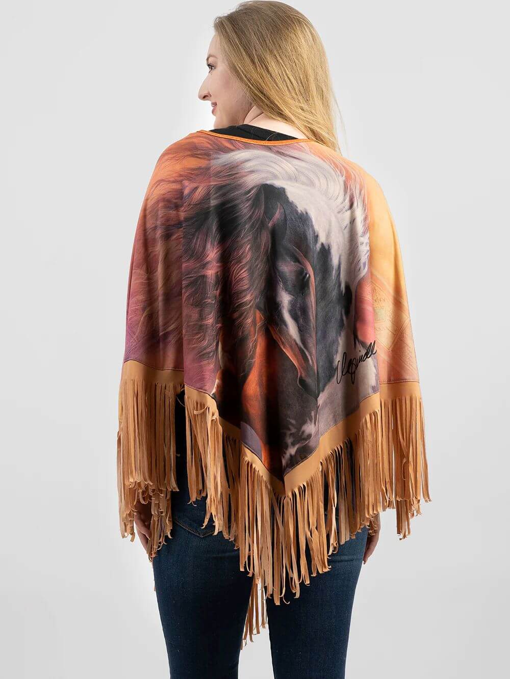 American Bling Horse Printed Shawl Cape Wraps Women Fringe Poncho Tan PCH-1728TN-3