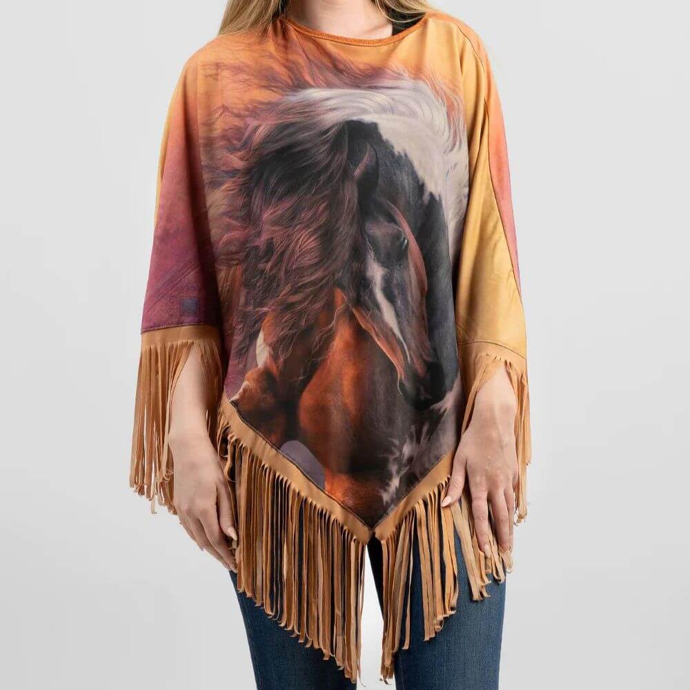 American Bling Horse Printed Shawl Cape Wraps Women Fringe Poncho Tan PCH-1728TN