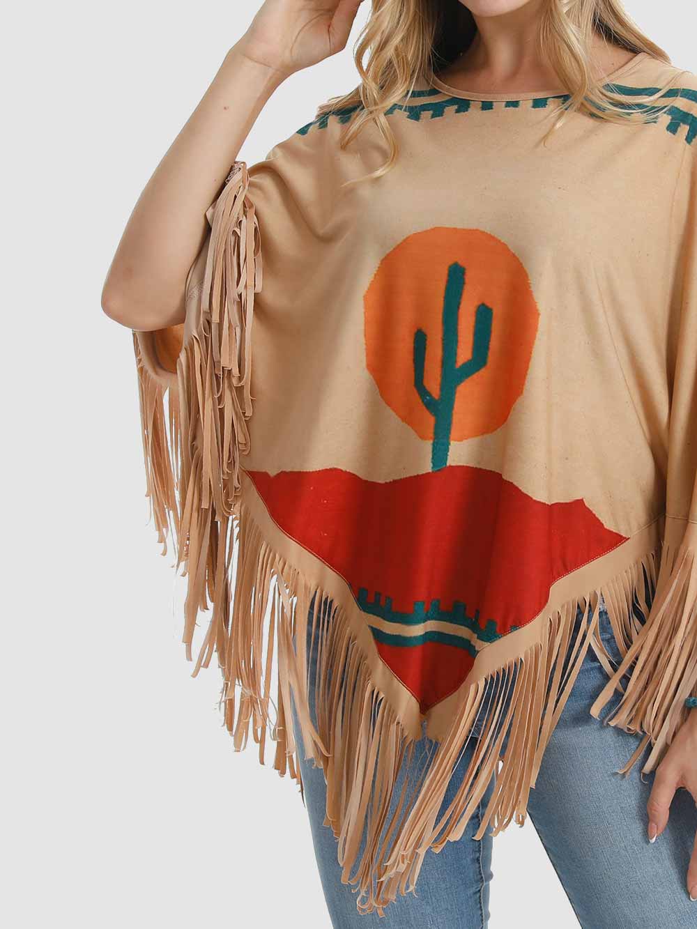 American Bling Women Desert Cactus Shawl Cape Wraps Fringe Poncho Tan PCH-1736TN-1