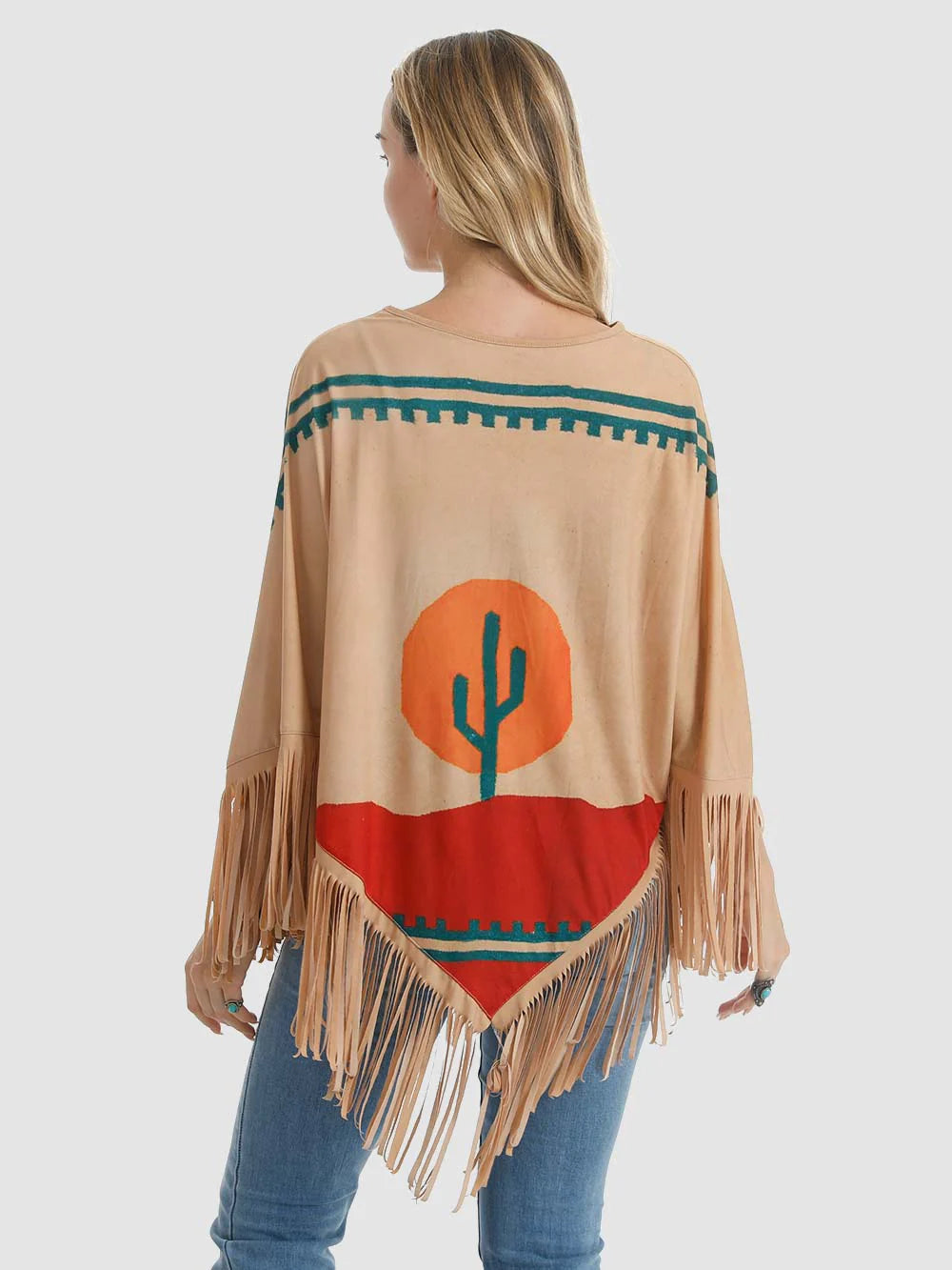 American Bling Women Desert Cactus Shawl Cape Wraps Fringe Poncho Tan PCH-1736TN-2