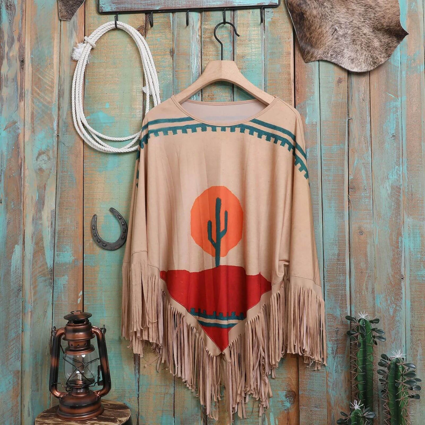 American Bling Women Desert Cactus Shawl Cape Wraps Fringe Poncho Tan PCH-1736TN-3