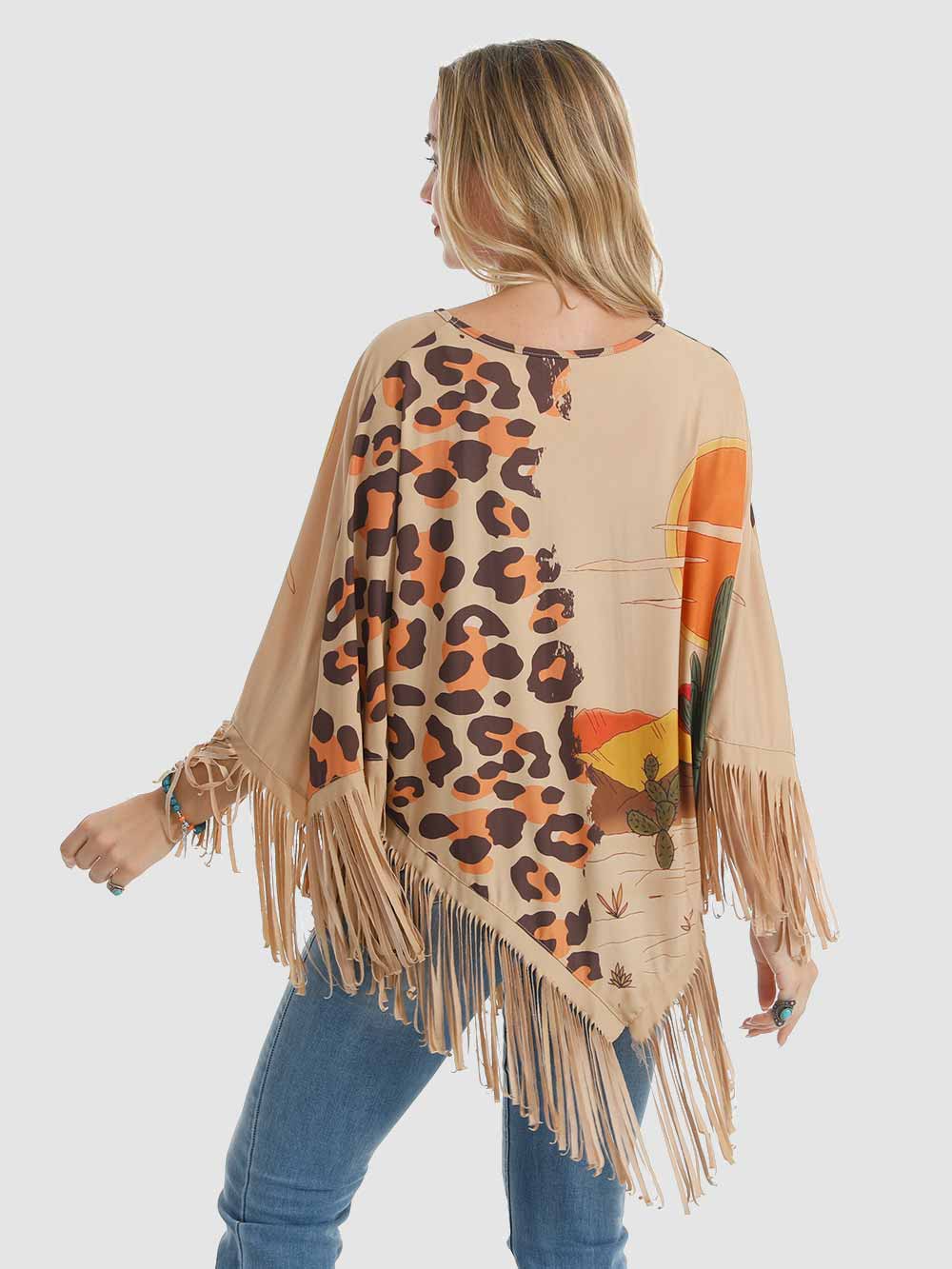 American Bling Women Leopard Shawl Cape Wraps Tassel Fringe Poncho Tan PCH-1740TN-1
