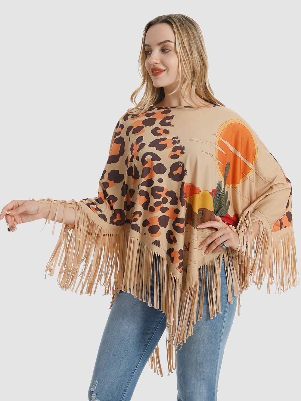 American Bling Women Leopard Shawl Cape Wraps Tassel Fringe Poncho Tan PCH-1740TN-2