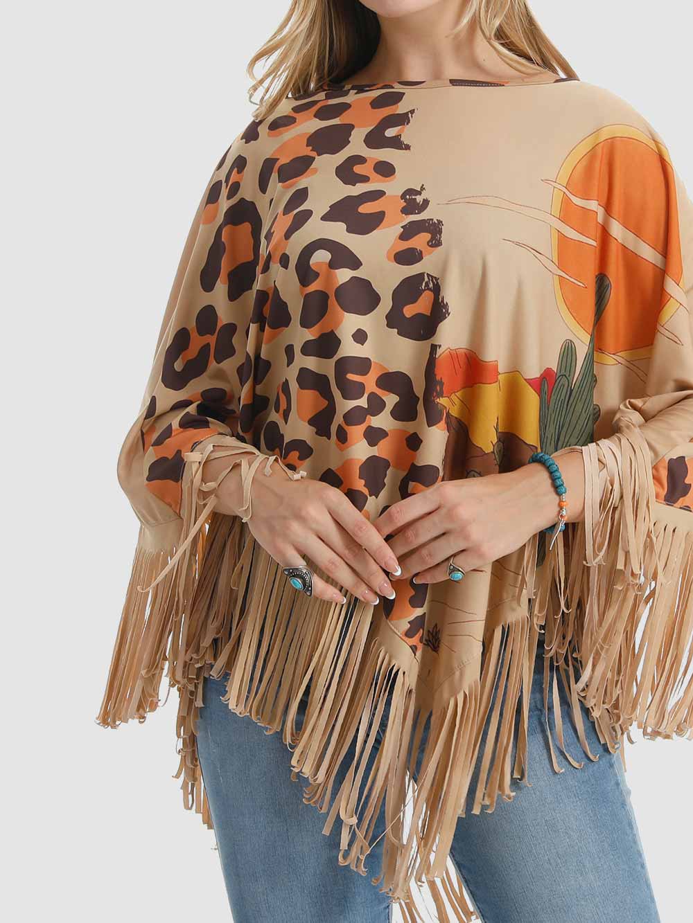 American Bling Women Leopard Shawl Cape Wraps Tassel Fringe Poncho Tan PCH-1740TN-3