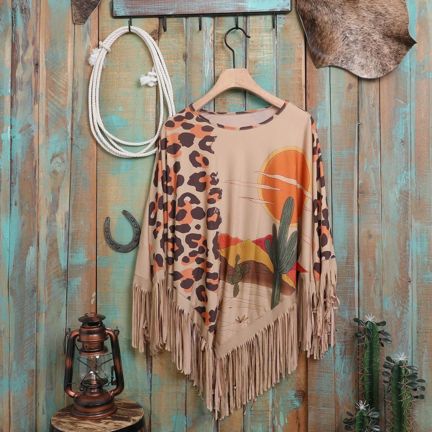 American Bling Women Leopard Shawl Cape Wraps Tassel Fringe Poncho Tan PCH-1740TN-4