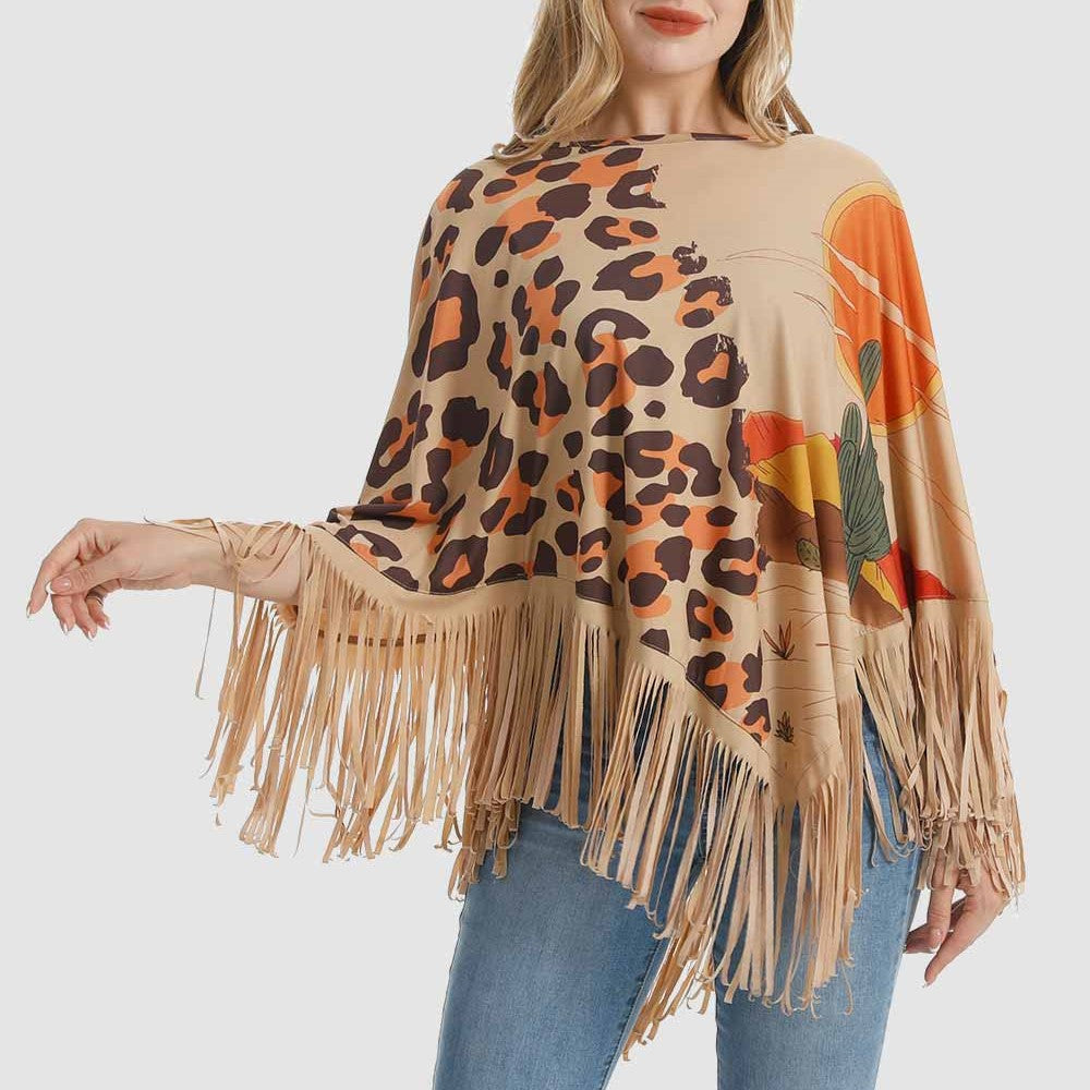 American Bling Women Leopard Shawl Cape Wraps Tassel Fringe Poncho Tan PCH-1740TN