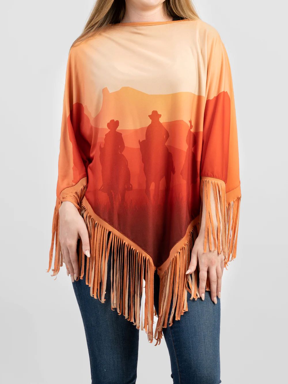 American Bling Women Cowboy on Sunset Shawl Cape Wraps Fringe Poncho Orange PCH-1744OR-1
