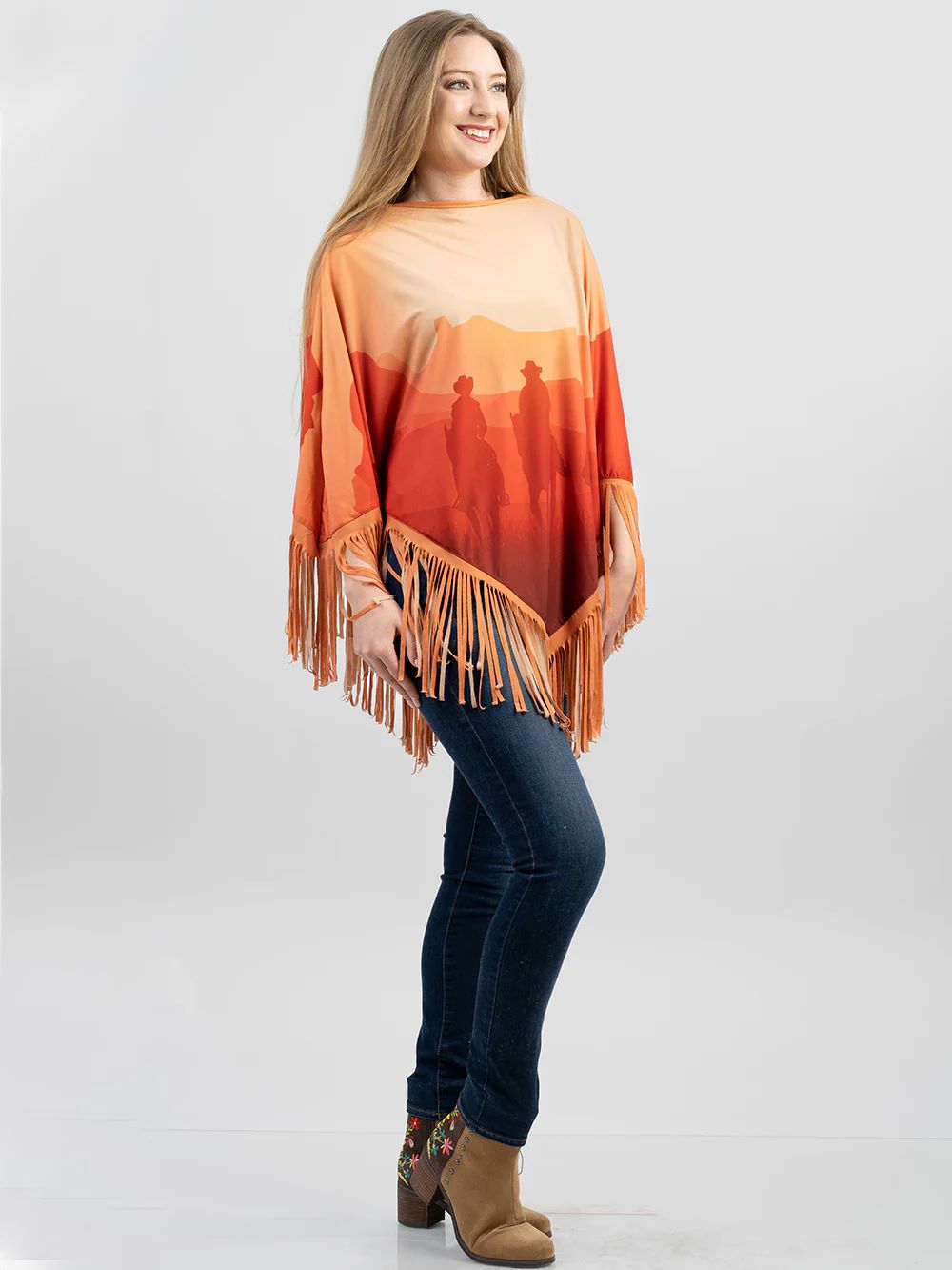 American Bling Women Cowboy on Sunset Shawl Cape Wraps Fringe Poncho Orange PCH-1744OR-2