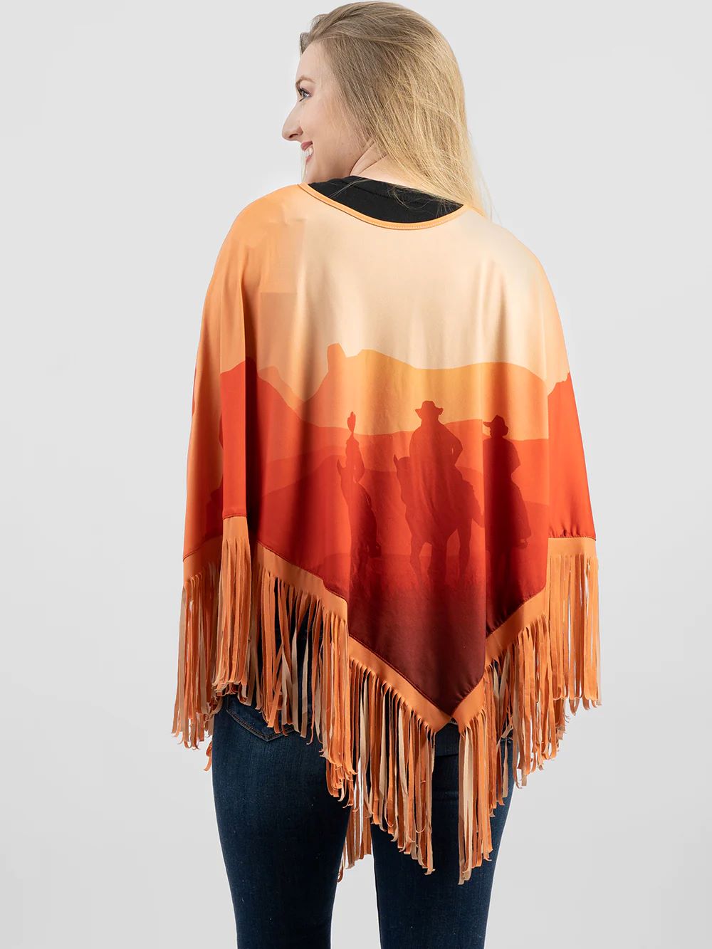 American Bling Women Cowboy on Sunset Shawl Cape Wraps Fringe Poncho Orange PCH-1744OR-3