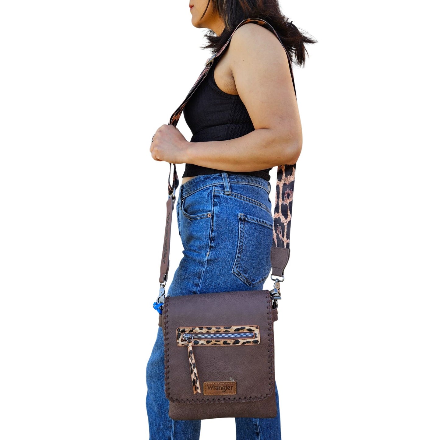 Wrangler Whipstitch Leopard Print Concealed Carry Western Crossbody Coffee