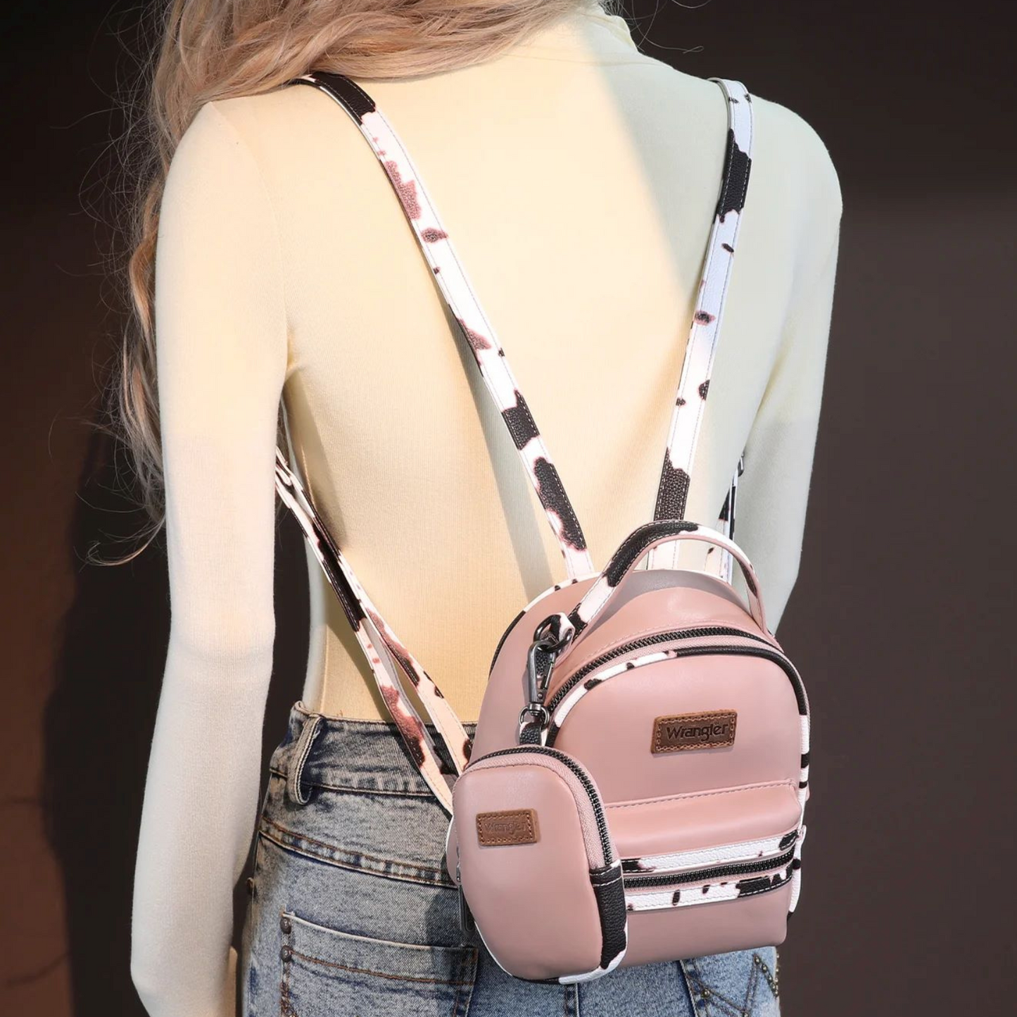 Wrangler Western Cowgirl Cow Print Mini Backpack With Coin Pouch Pink