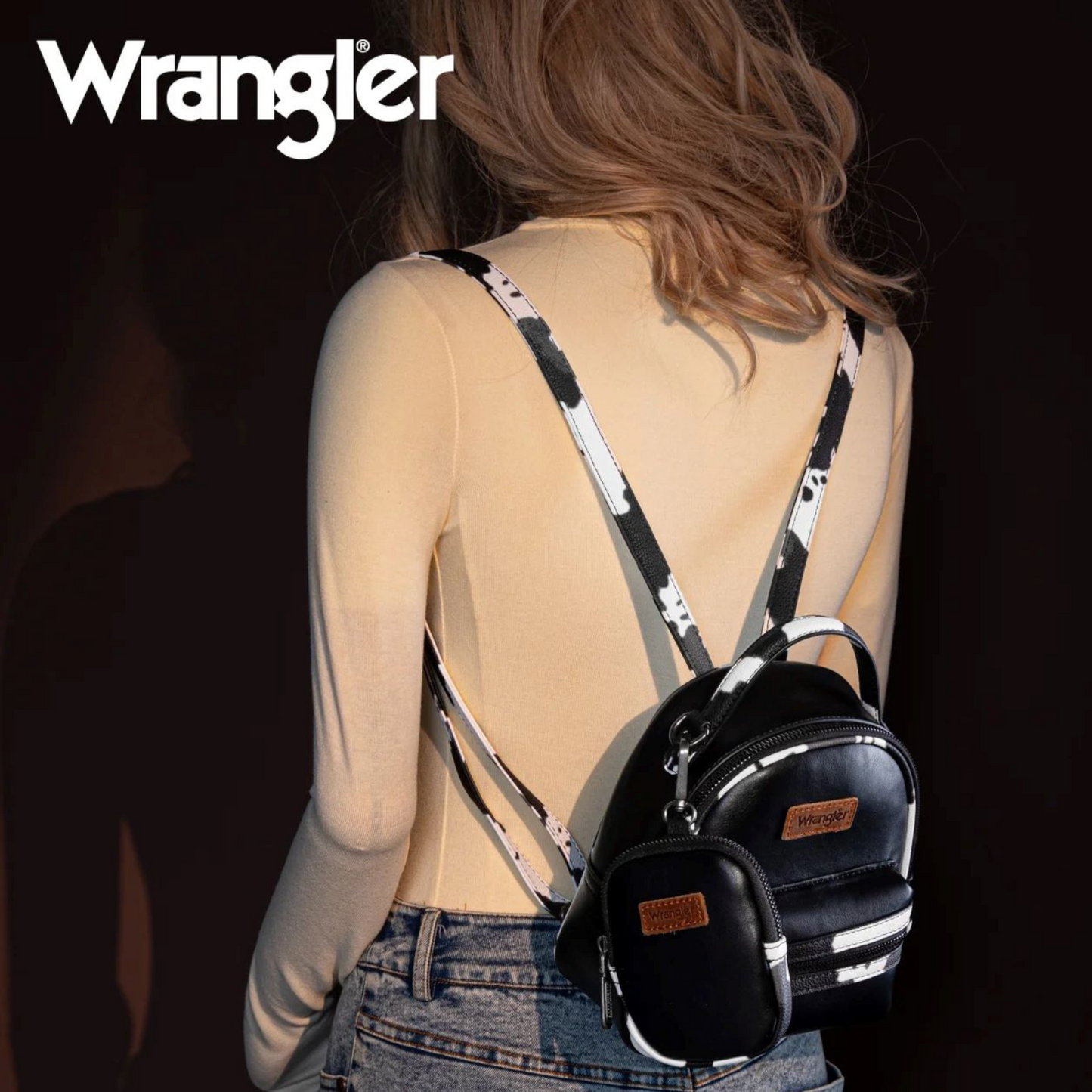 Wrangler Western Cowgirl Cow Print Mini Backpack With Coin Pouch Black