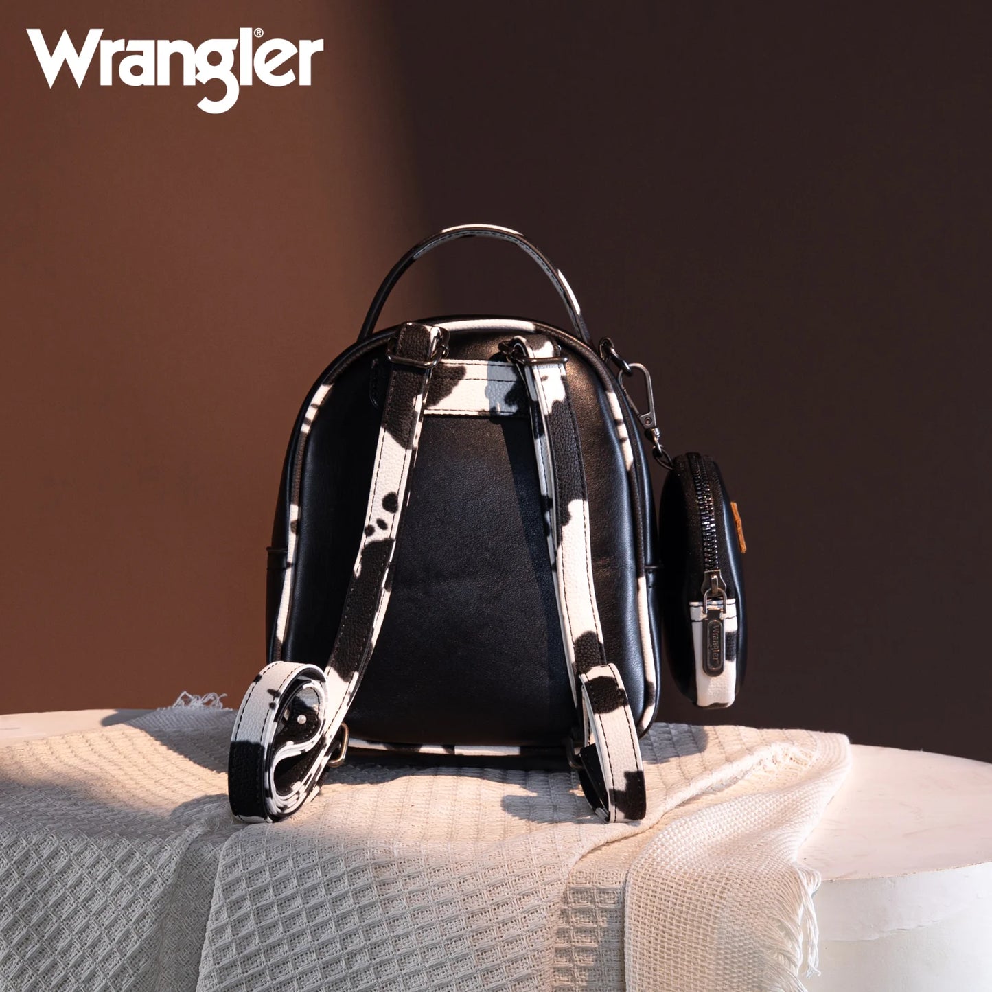 Wrangler Western Cowgirl Cow Print Mini Backpack With Coin Pouch Black